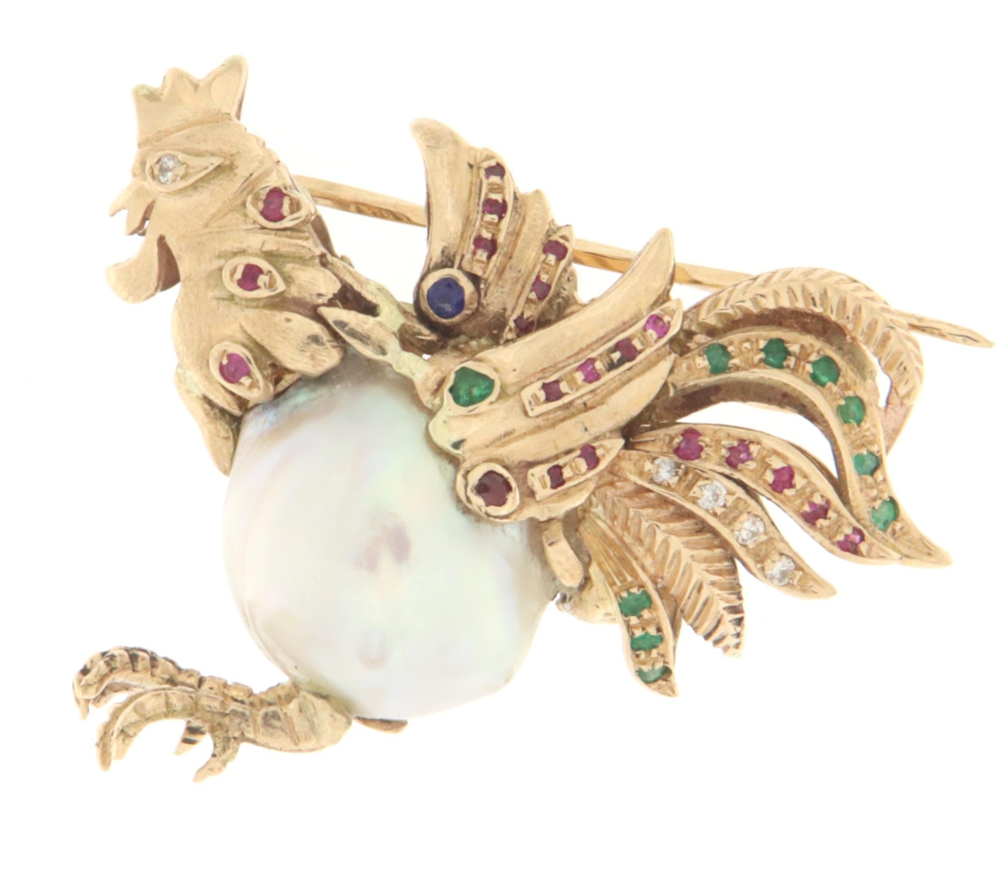 Artisan Rooster Emeralds Rubies Diamonds Pearl 14 Karat Yellow Gold Brooch For Sale