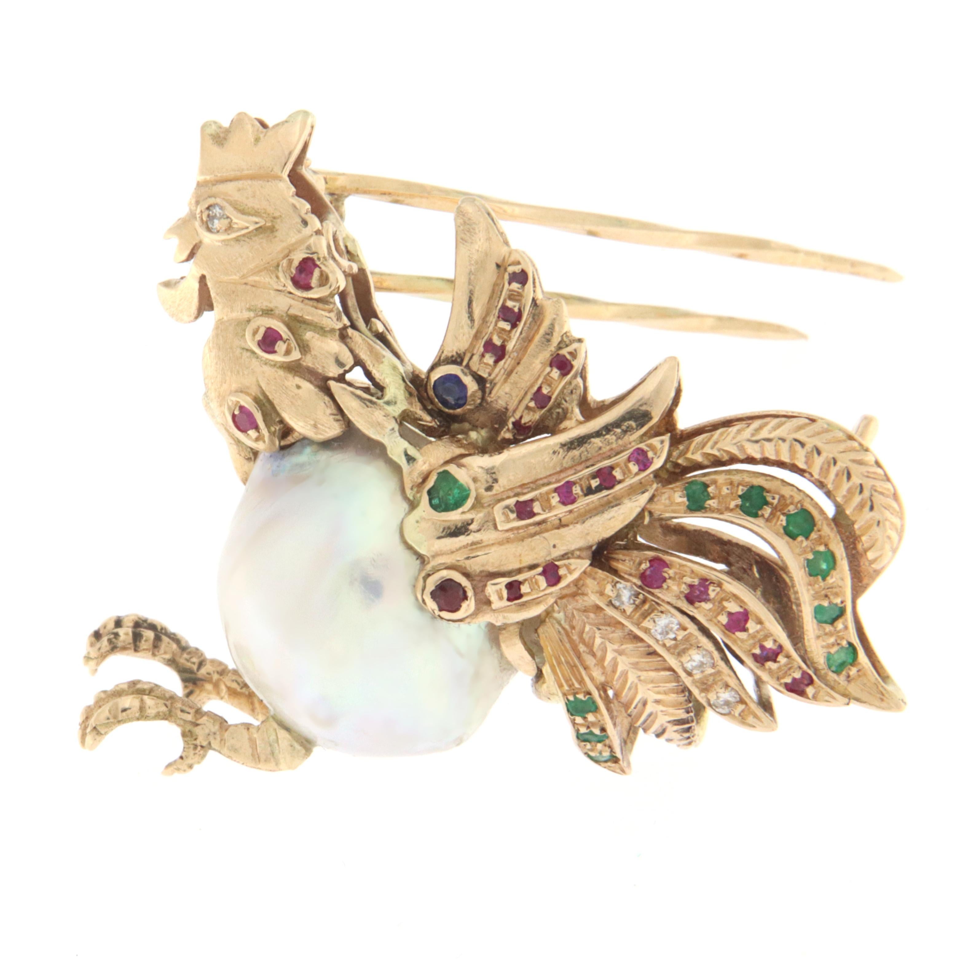 Brilliant Cut Rooster Emeralds Rubies Diamonds Pearl 14 Karat Yellow Gold Brooch For Sale