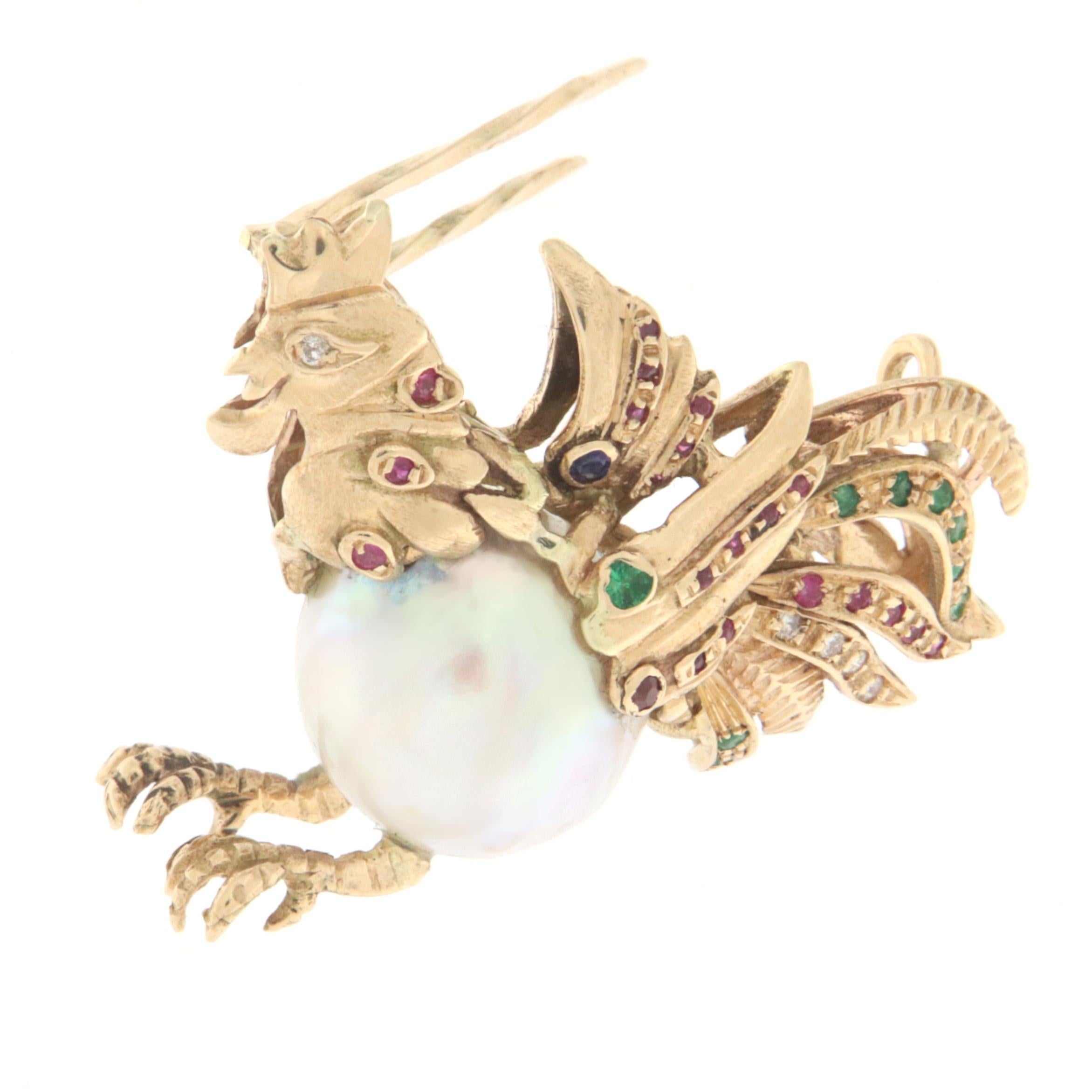 Women's Rooster Emeralds Rubies Diamonds Pearl 14 Karat Yellow Gold Brooch For Sale
