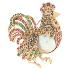 Rooster Emeralds Rubies Diamonds Pearl 14 Karat Yellow Gold Brooch