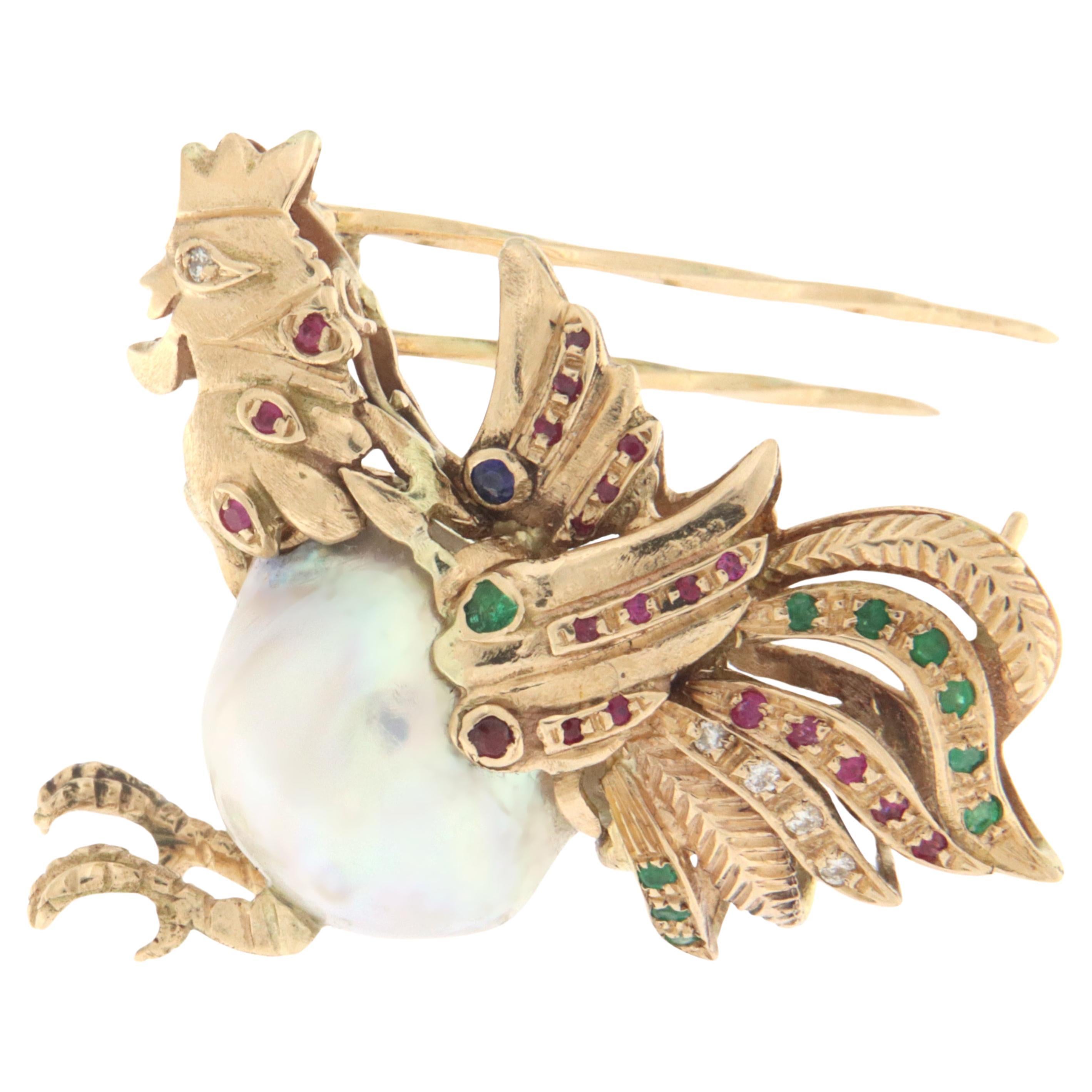 Rooster Emeralds Rubies Diamonds Pearl 14 Karat Yellow Gold Brooch For Sale