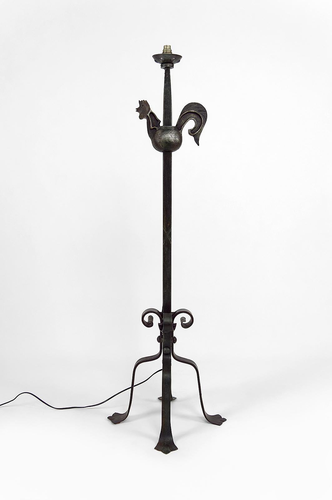 Mid-Century Modern Rooster Floor Lamp in Wrought Iron by Jean Touret for Ateliers Marolles, 1950's For Sale