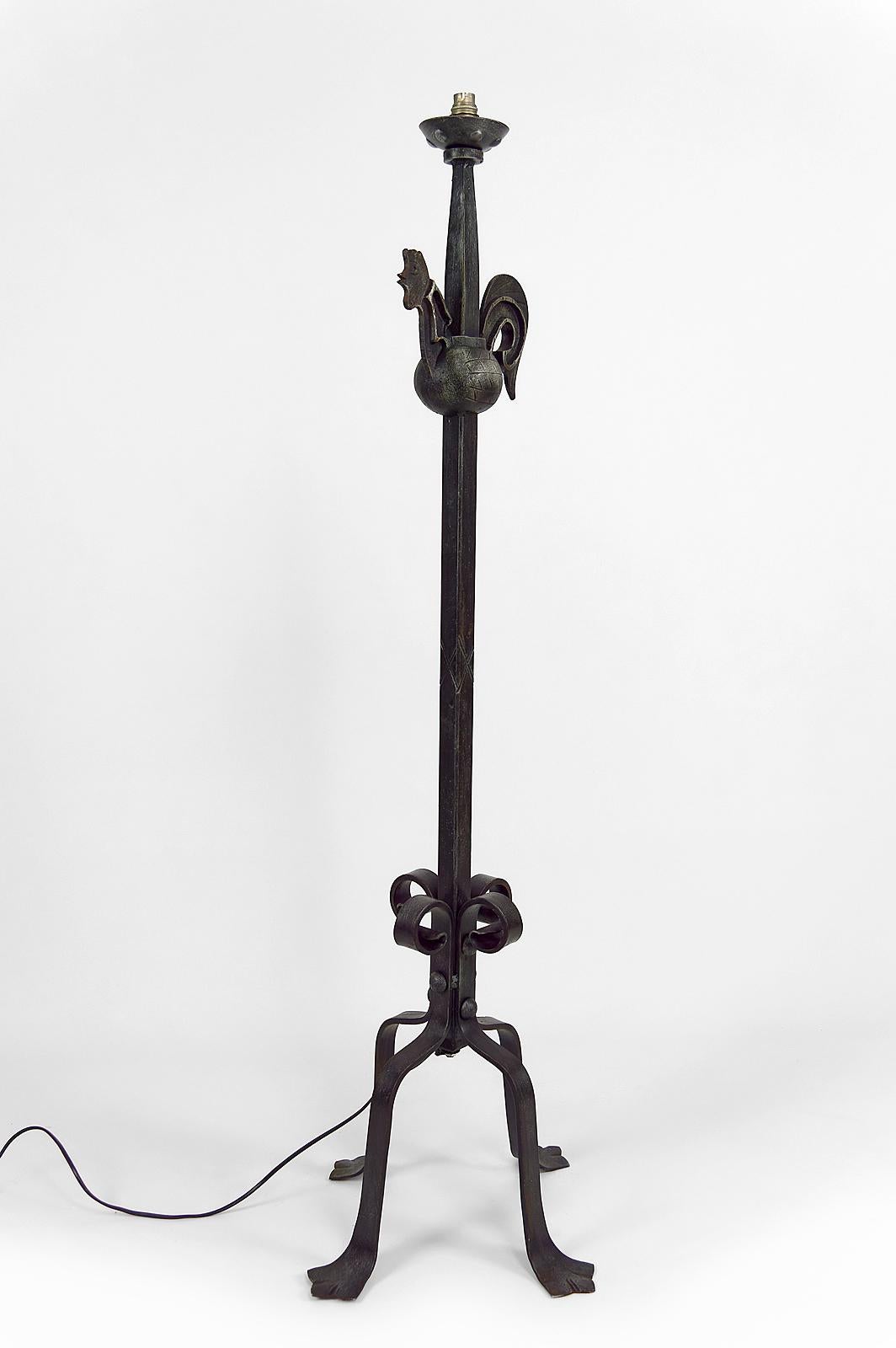 French Rooster Floor Lamp in Wrought Iron by Jean Touret for Ateliers Marolles, 1950's For Sale