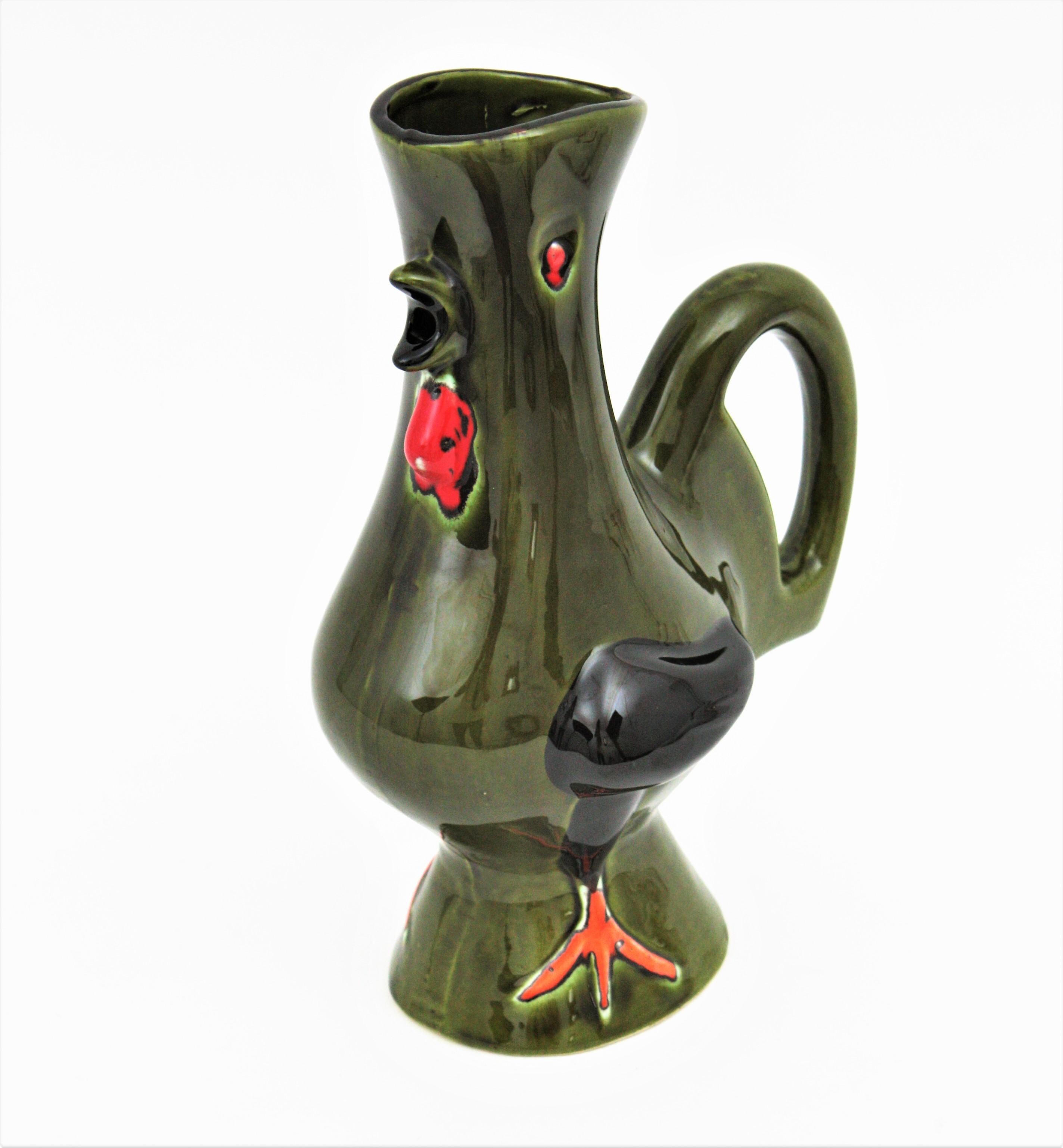 Mid-Century Modern Rooster Green Glazed Ceramic Pitcher, France, 1950s