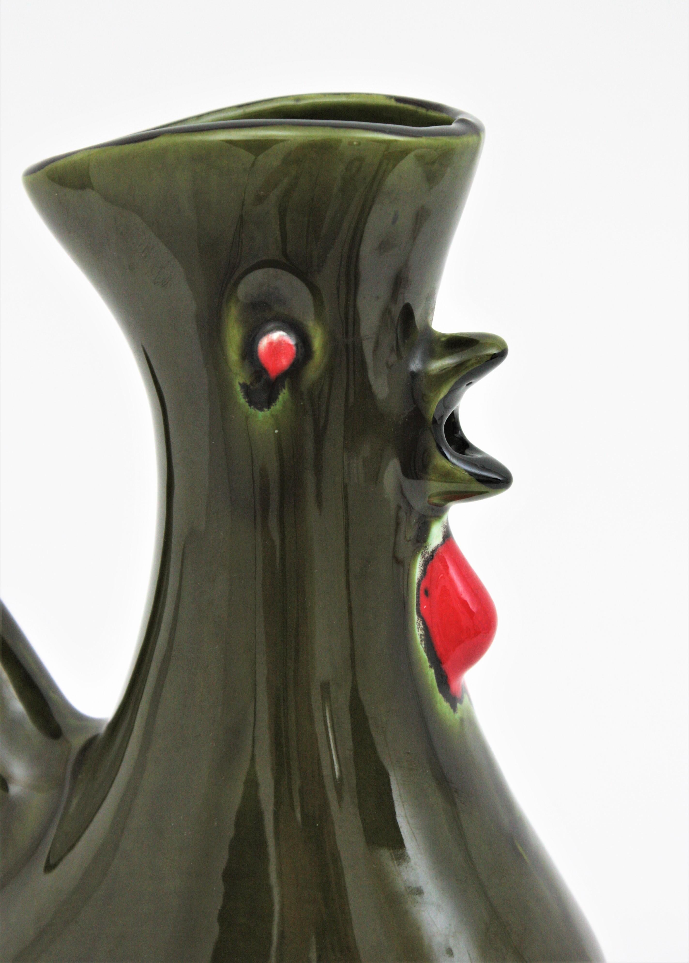 Rooster Green Glazed Ceramic Pitcher, France, 1950s In Excellent Condition In Barcelona, ES