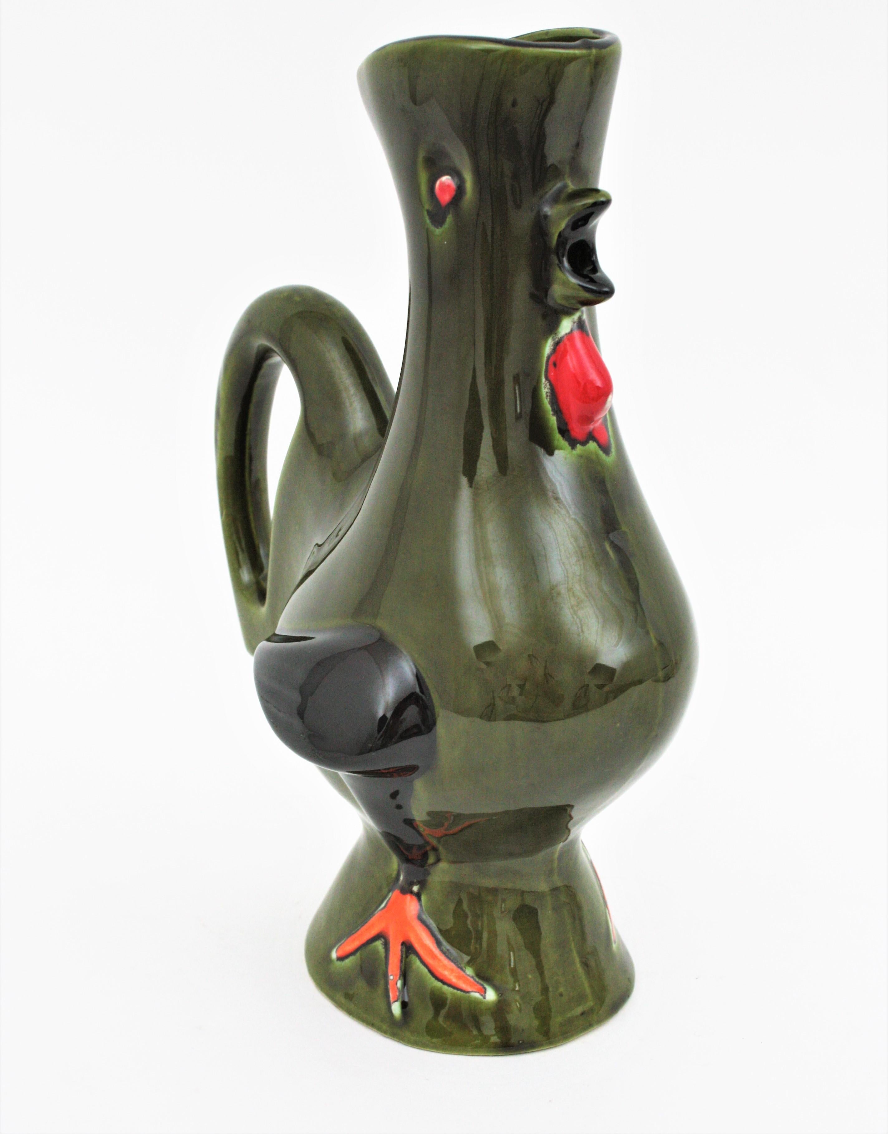 20th Century Rooster Green Glazed Ceramic Pitcher, France, 1950s