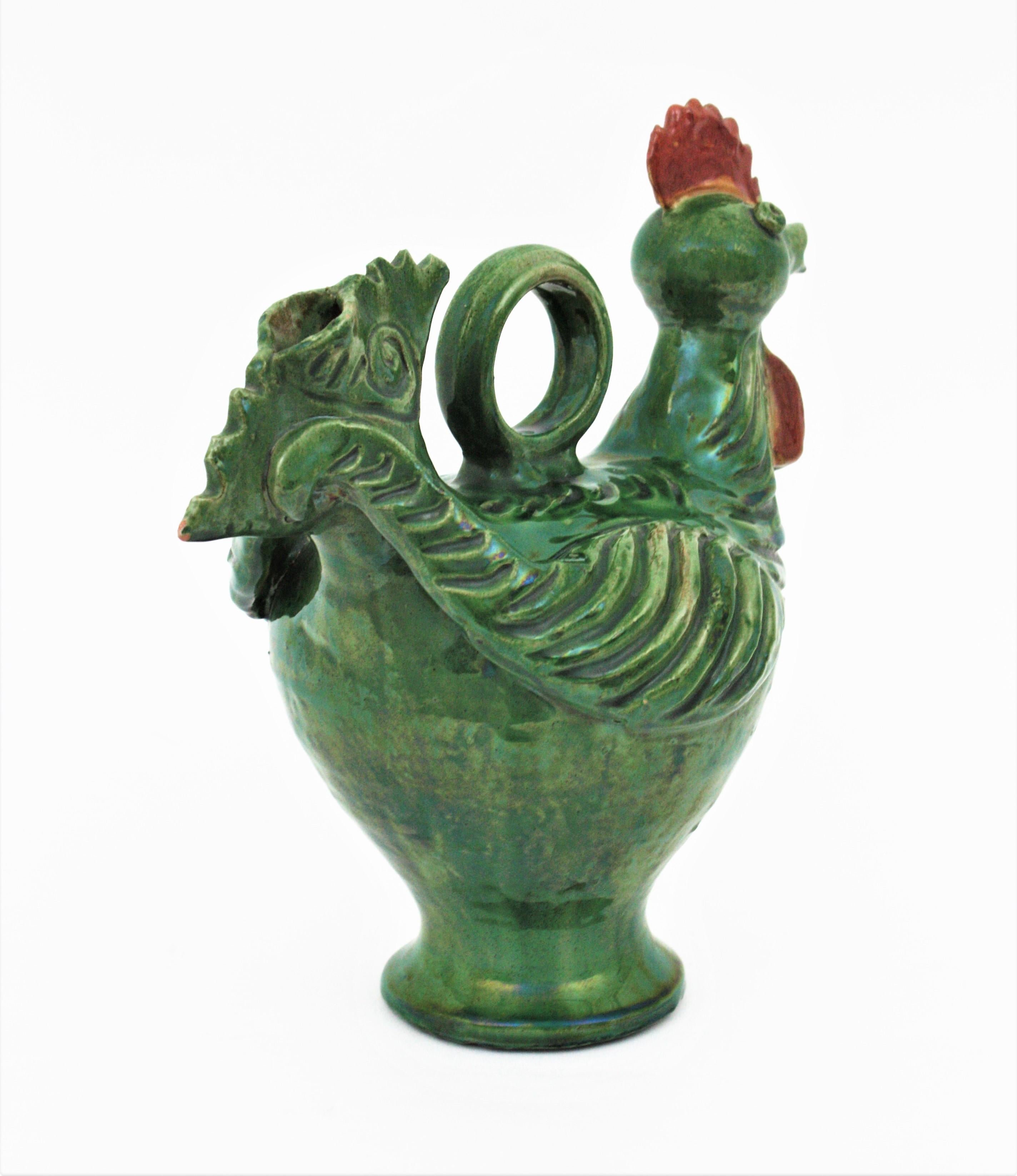 Rooster Green Glazed Ceramic Pitcher, Spain, 1960s  For Sale 1