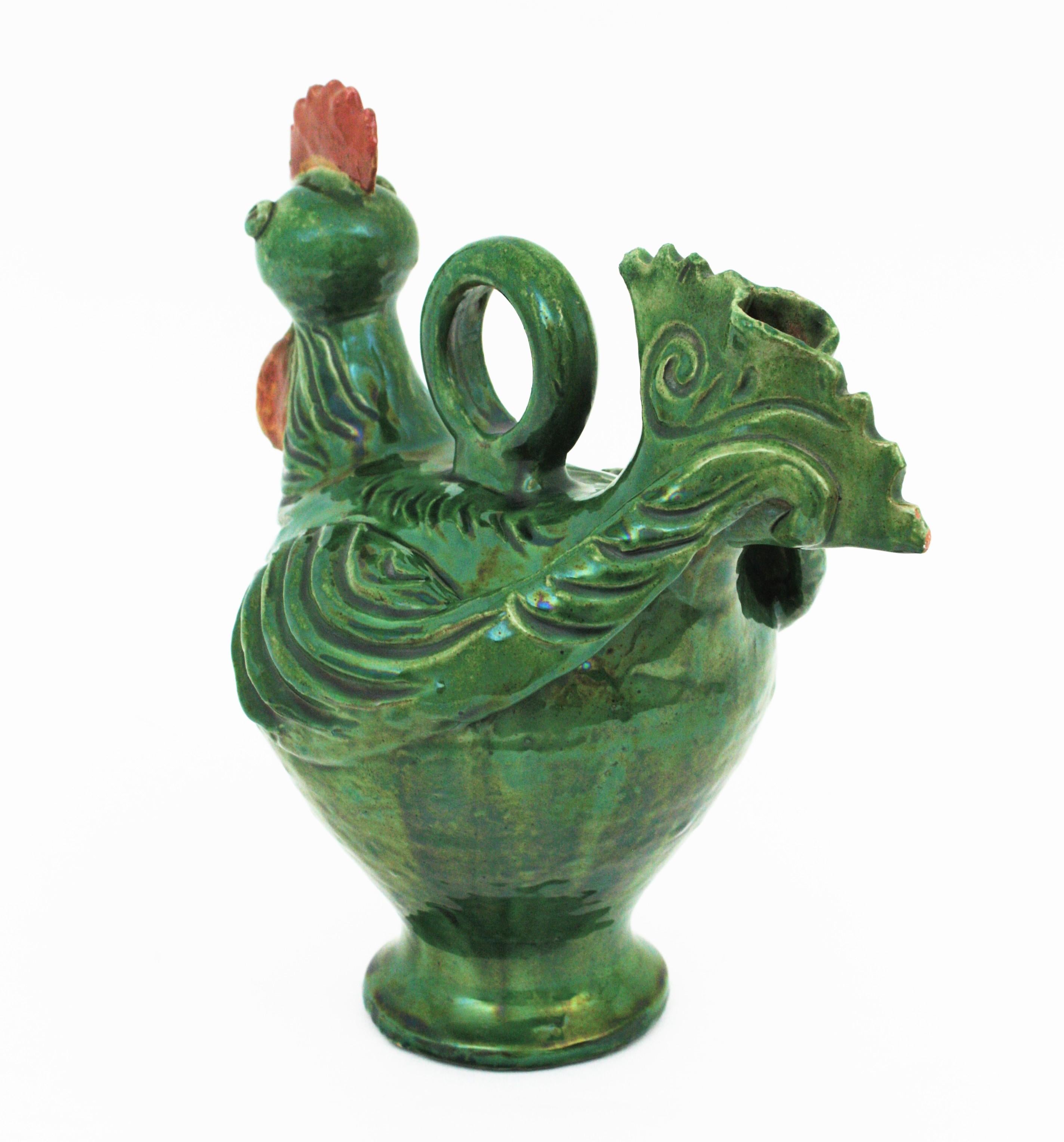 Rooster Green Glazed Ceramic Pitcher, Spain, 1960s  For Sale 2