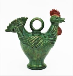 Spanish Rooster Shaped Pitcher in Green Glazed Ceramic, 1960