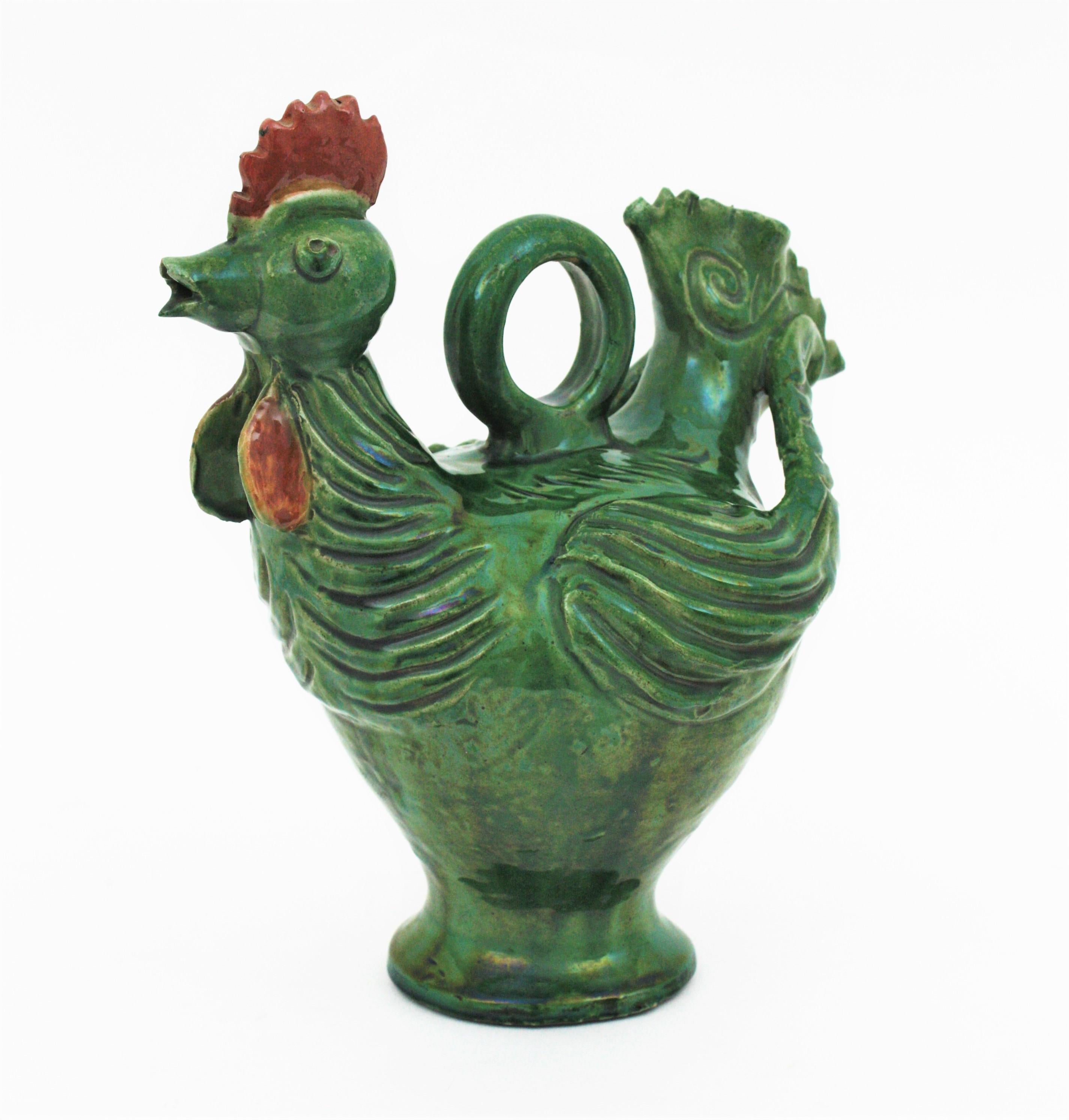 Mid-Century Modern Rooster Green Glazed Ceramic Pitcher, Spain, 1960s  For Sale