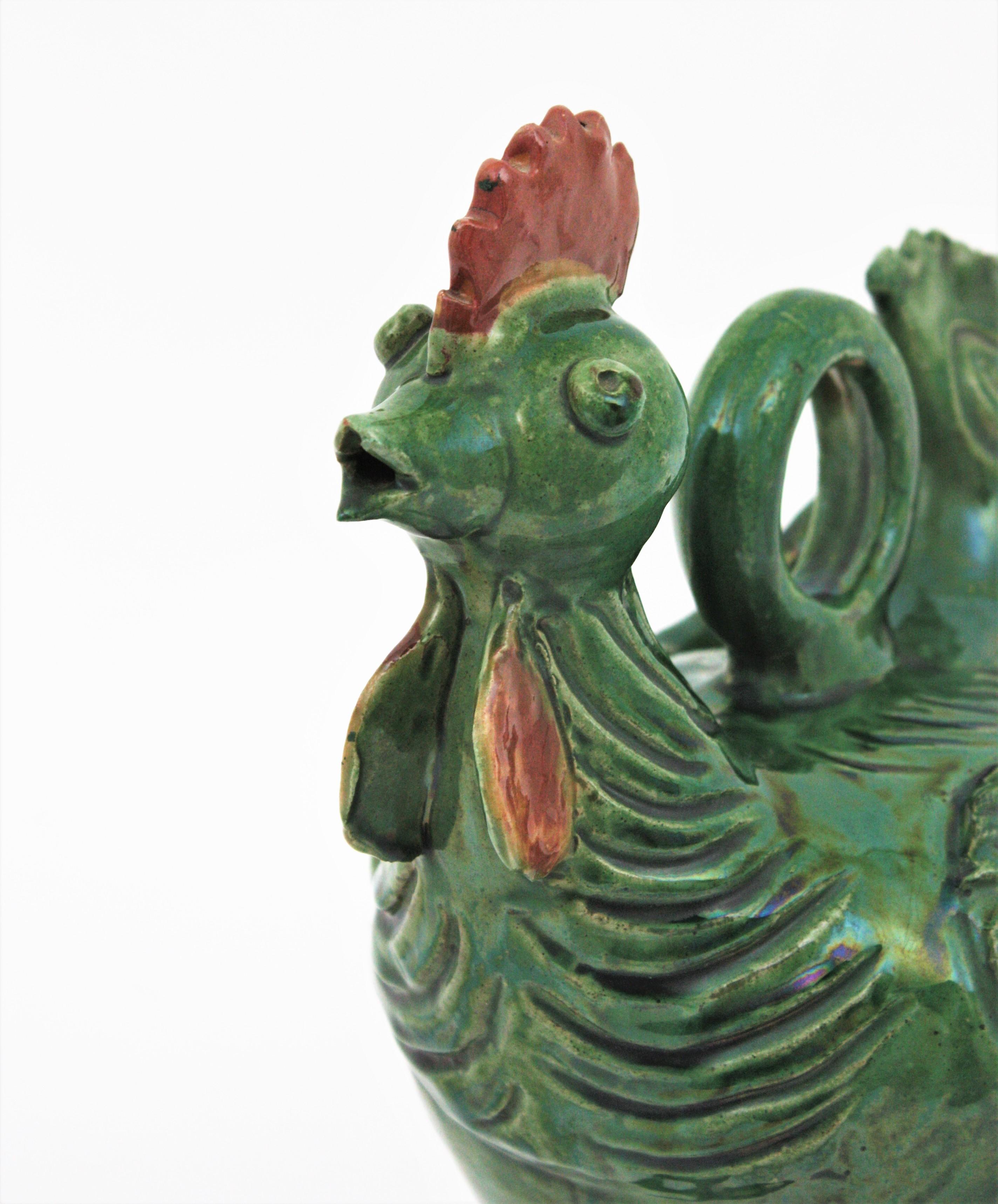 Spanish Rooster Green Glazed Ceramic Pitcher, Spain, 1960s  For Sale