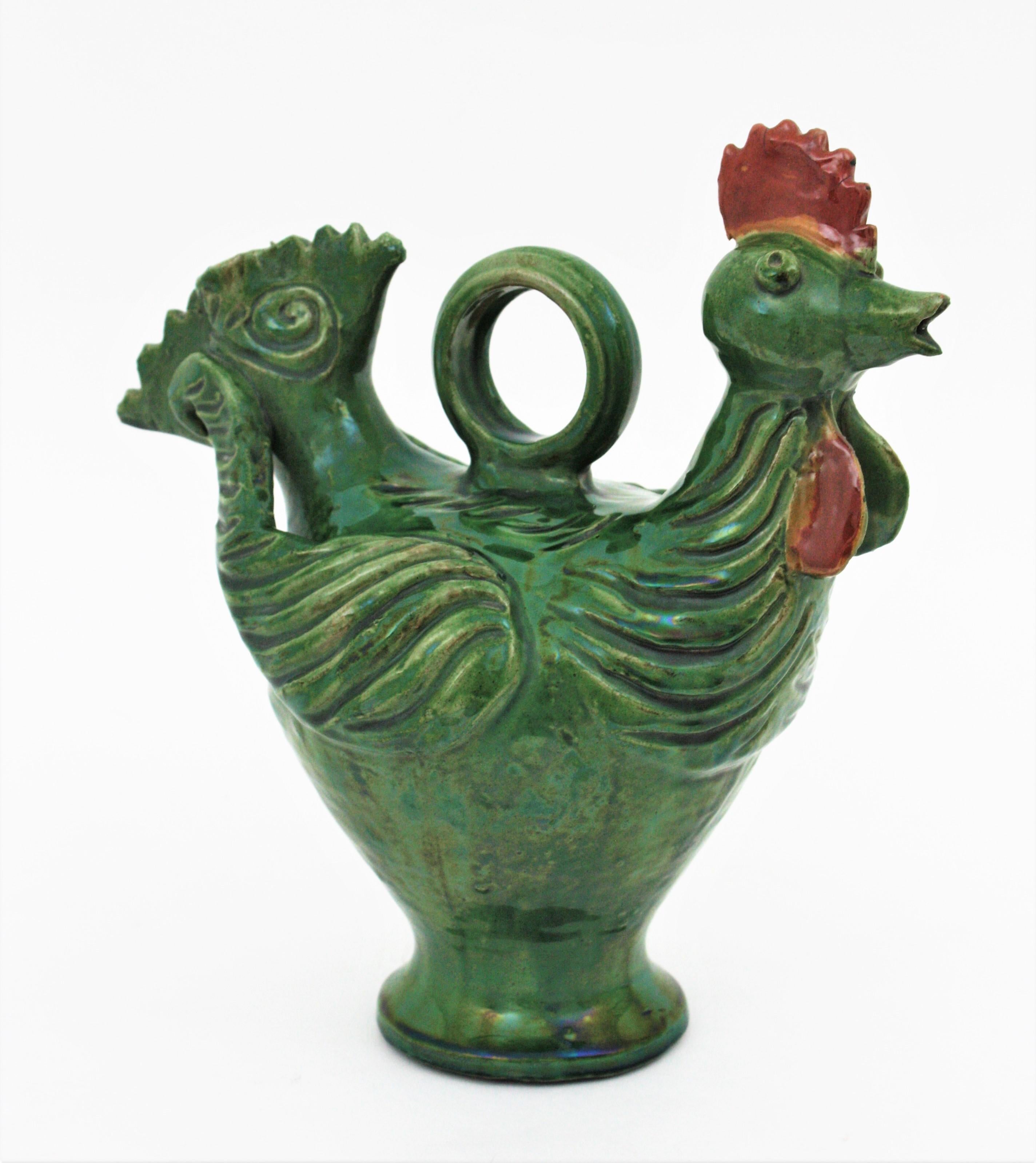 Rooster Green Glazed Ceramic Pitcher, Spain, 1960s  In Excellent Condition For Sale In Barcelona, ES