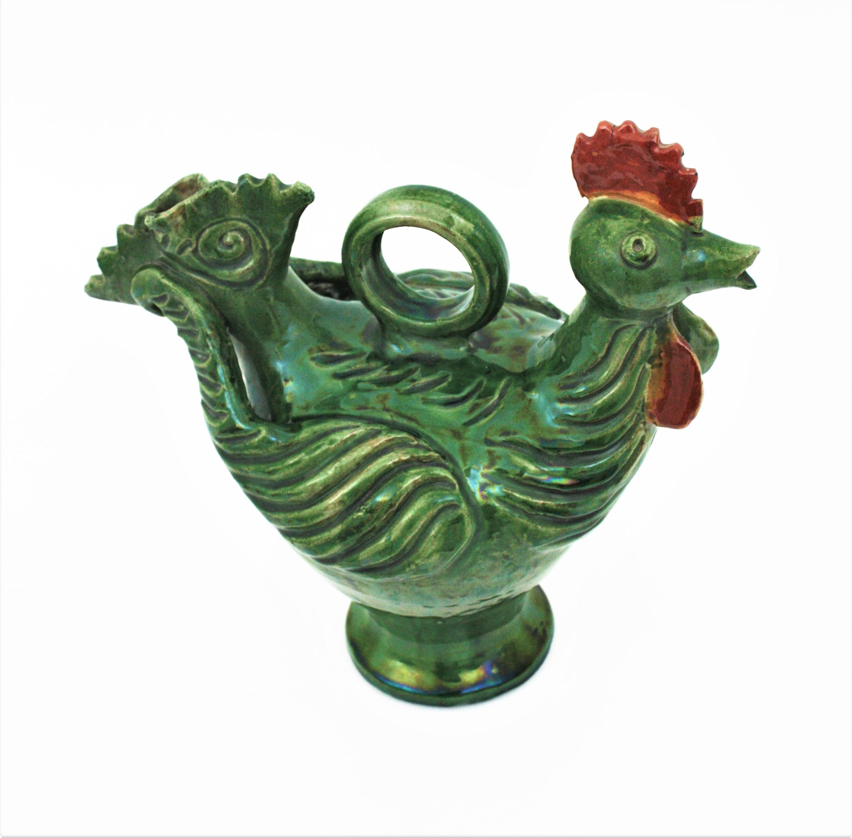 20th Century Rooster Green Glazed Ceramic Pitcher, Spain, 1960s  For Sale