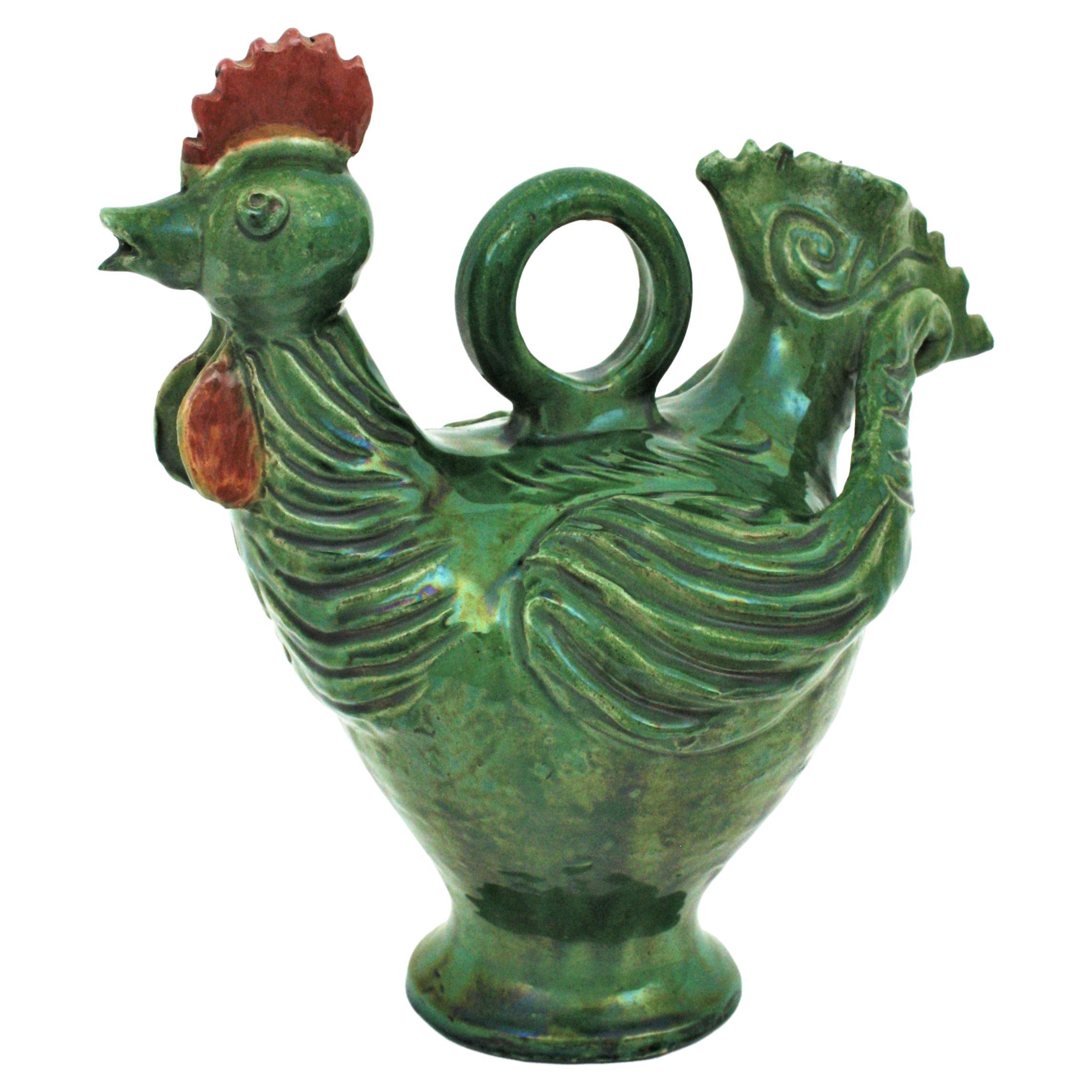 Rooster Green Glazed Ceramic Pitcher, Spain, 1960s 