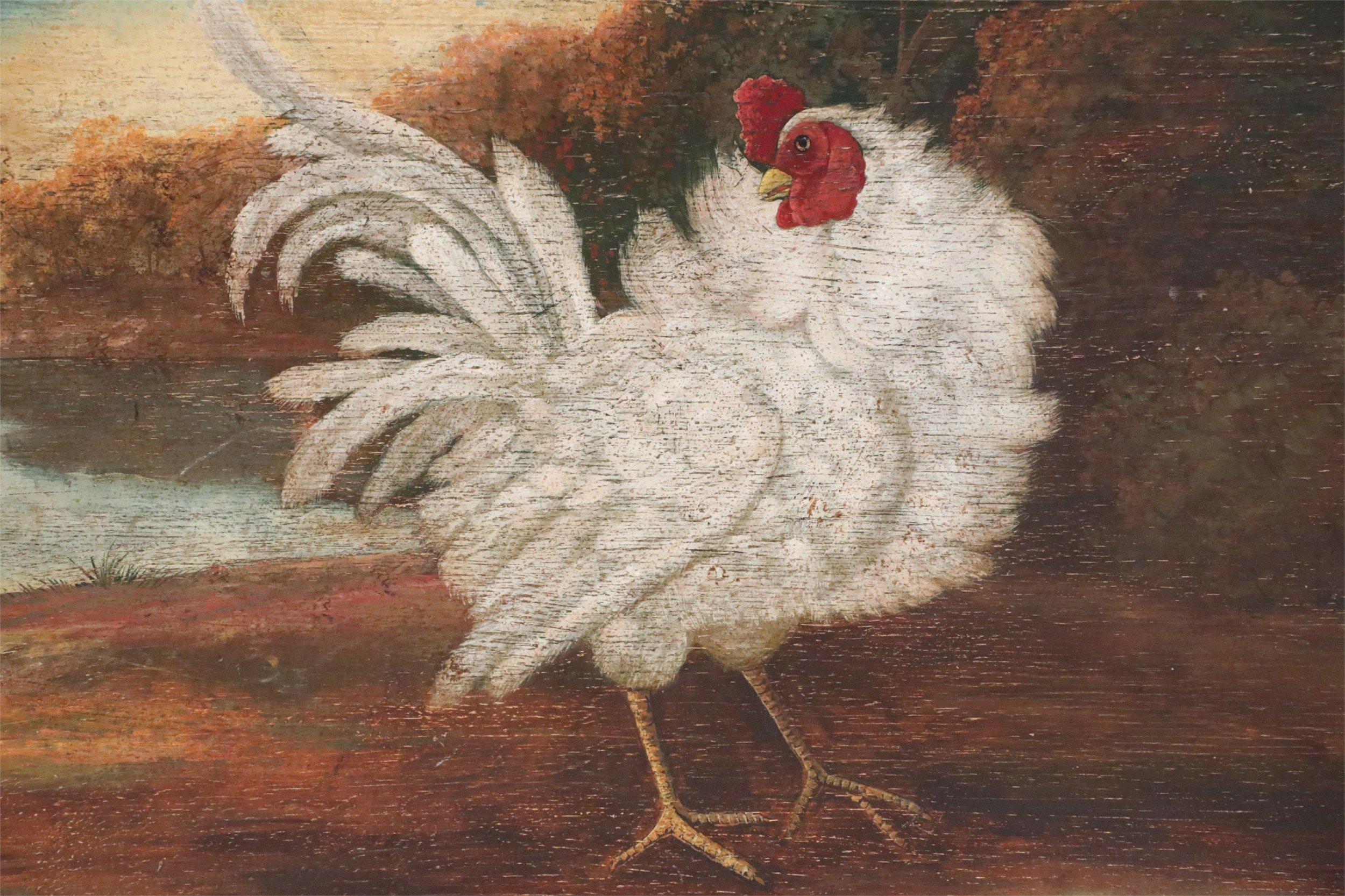 Vintage (20th Century) print of a rooster standing on red clay and looking to the side, in front of a blue pond and autumnal trees, on plywood.
  