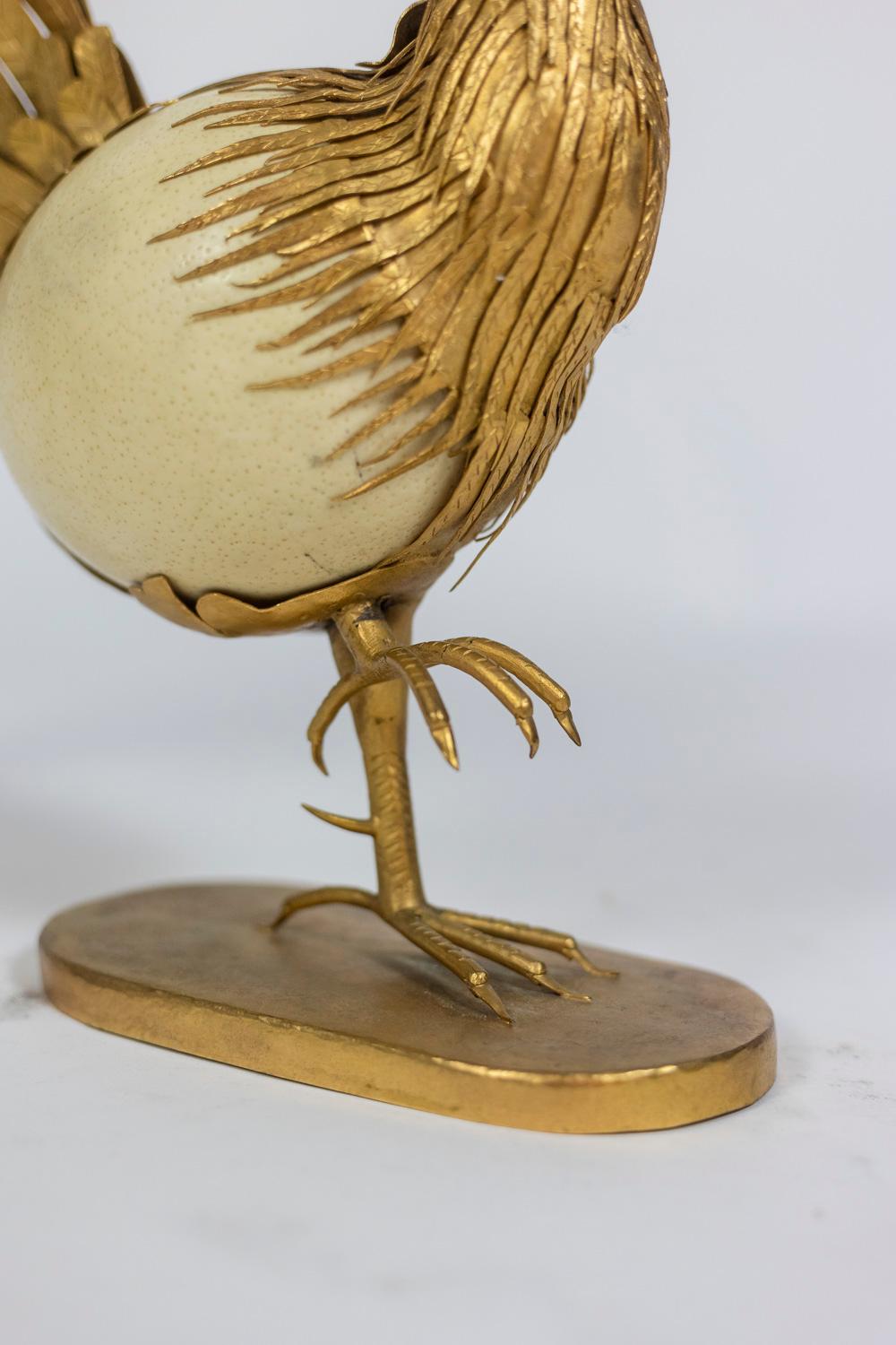 Rooster in Ostrich Egg and Golden Brass, 1970s For Sale 6