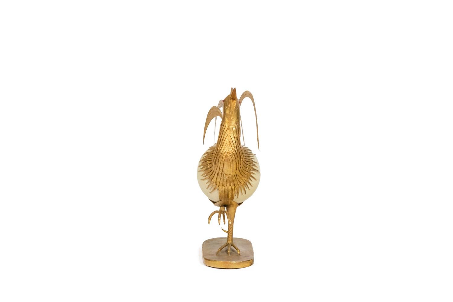 French Rooster in Ostrich Egg and Golden Brass, 1970s For Sale