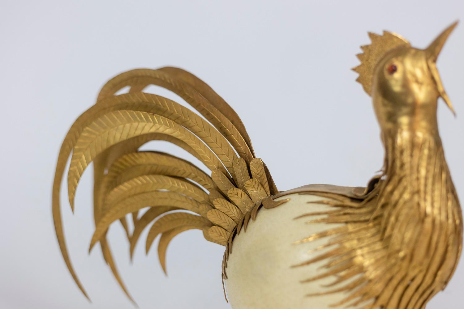 20th Century Rooster in Ostrich Egg and Golden Brass, 1970s For Sale
