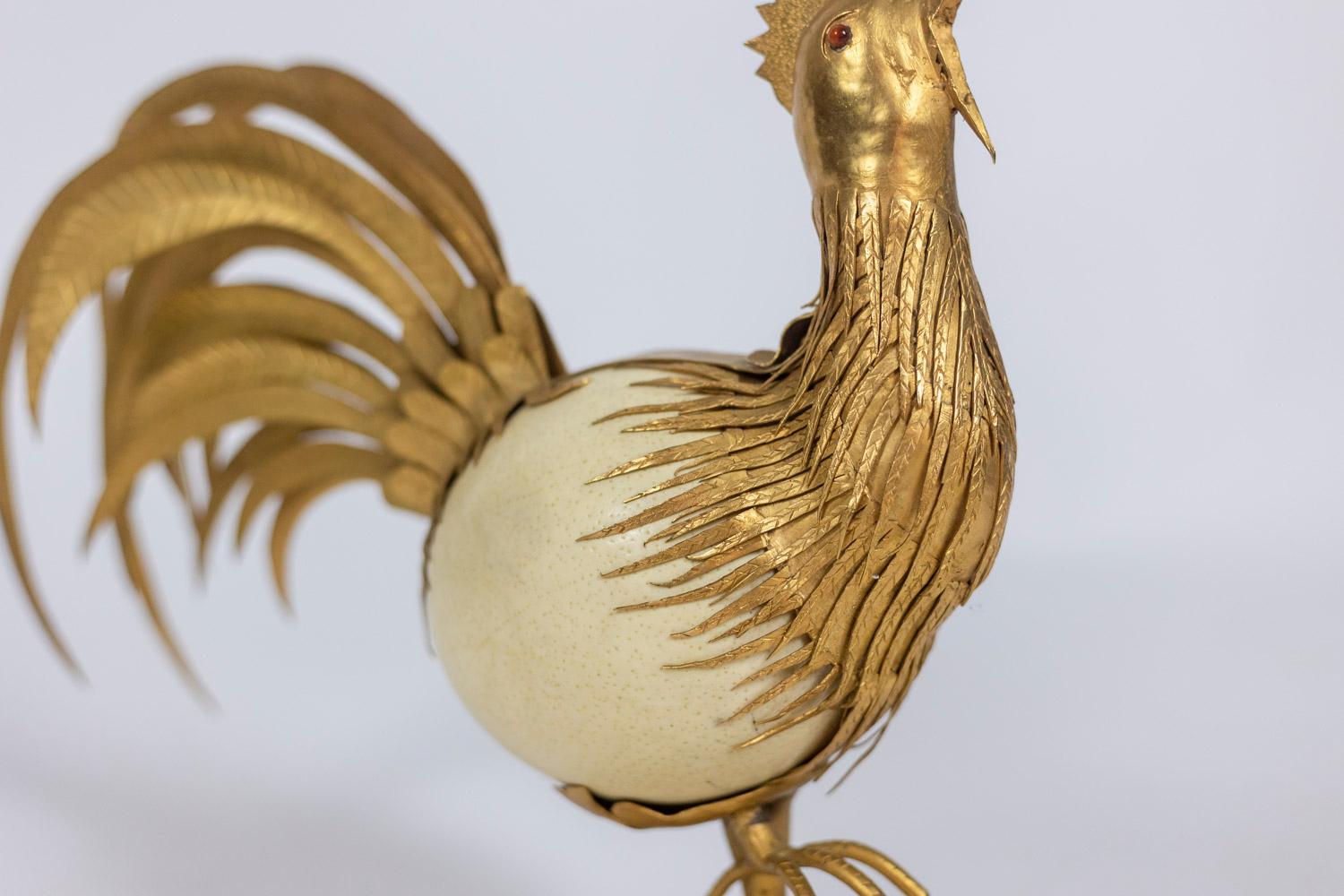 Rooster in Ostrich Egg and Golden Brass, 1970s For Sale 1