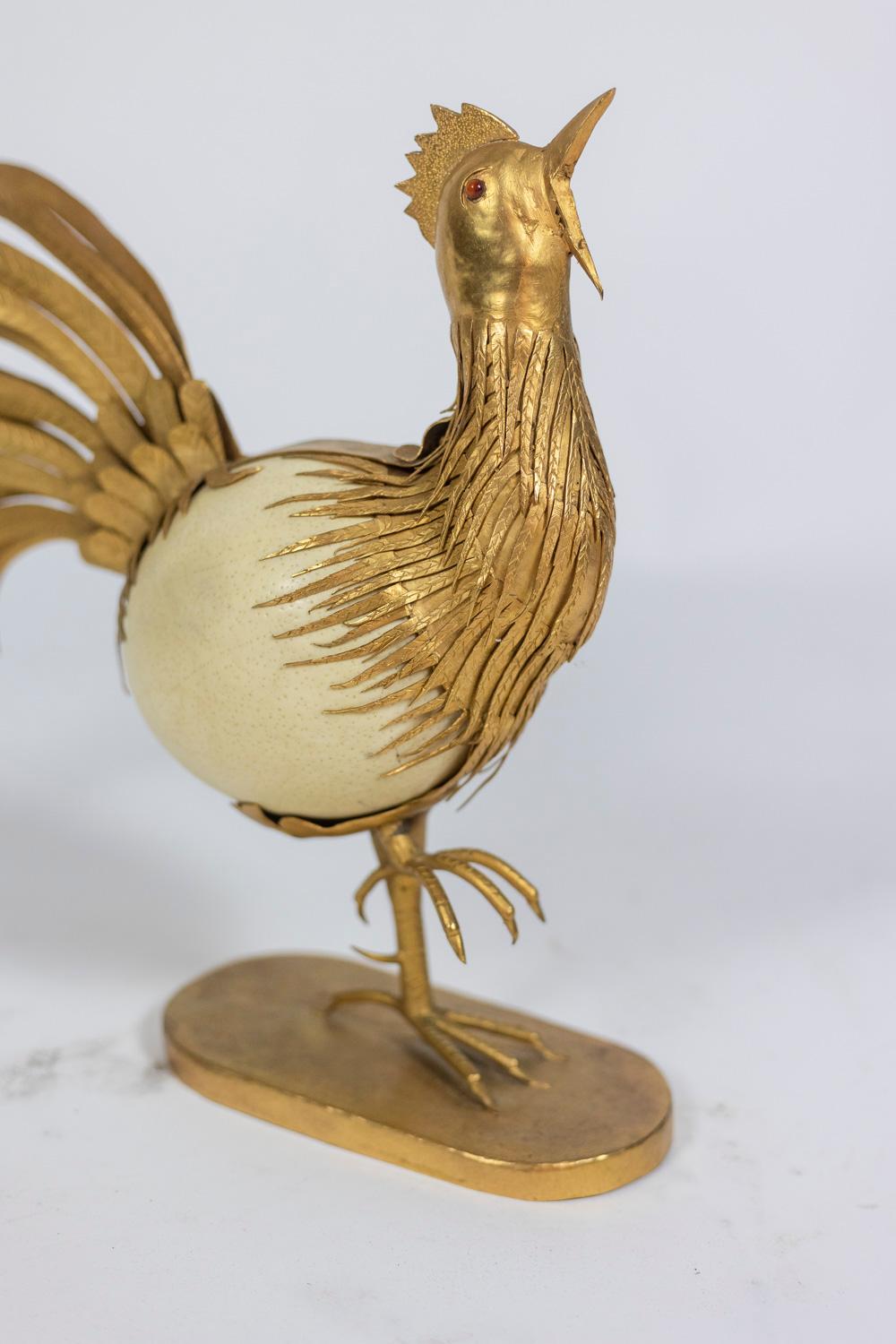 Rooster in Ostrich Egg and Golden Brass, 1970s For Sale 3