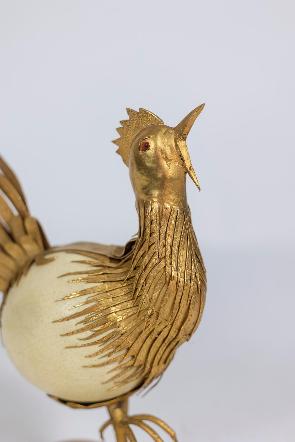 Rooster in Ostrich Egg and Golden Brass, 1970s For Sale 4