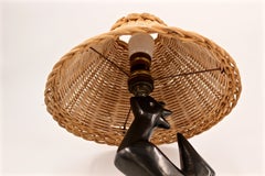 Rooster Lamp in Black Enameled Ceramic and Wicker Shade by J. Blin, France, 1950