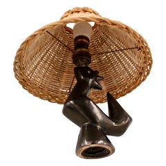 Rooster Lamp in Black Enameled Ceramic and Wicker Shade by J. Blin, France, 1950