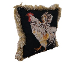 Rooster Needlepoint Embroidered Down Filled Fringe Lumbar Throw Pillow 18"