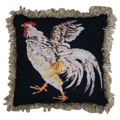 Retro Rooster Needlepoint Embroidered Down Filled Fringe Lumbar Throw Pillow 18"