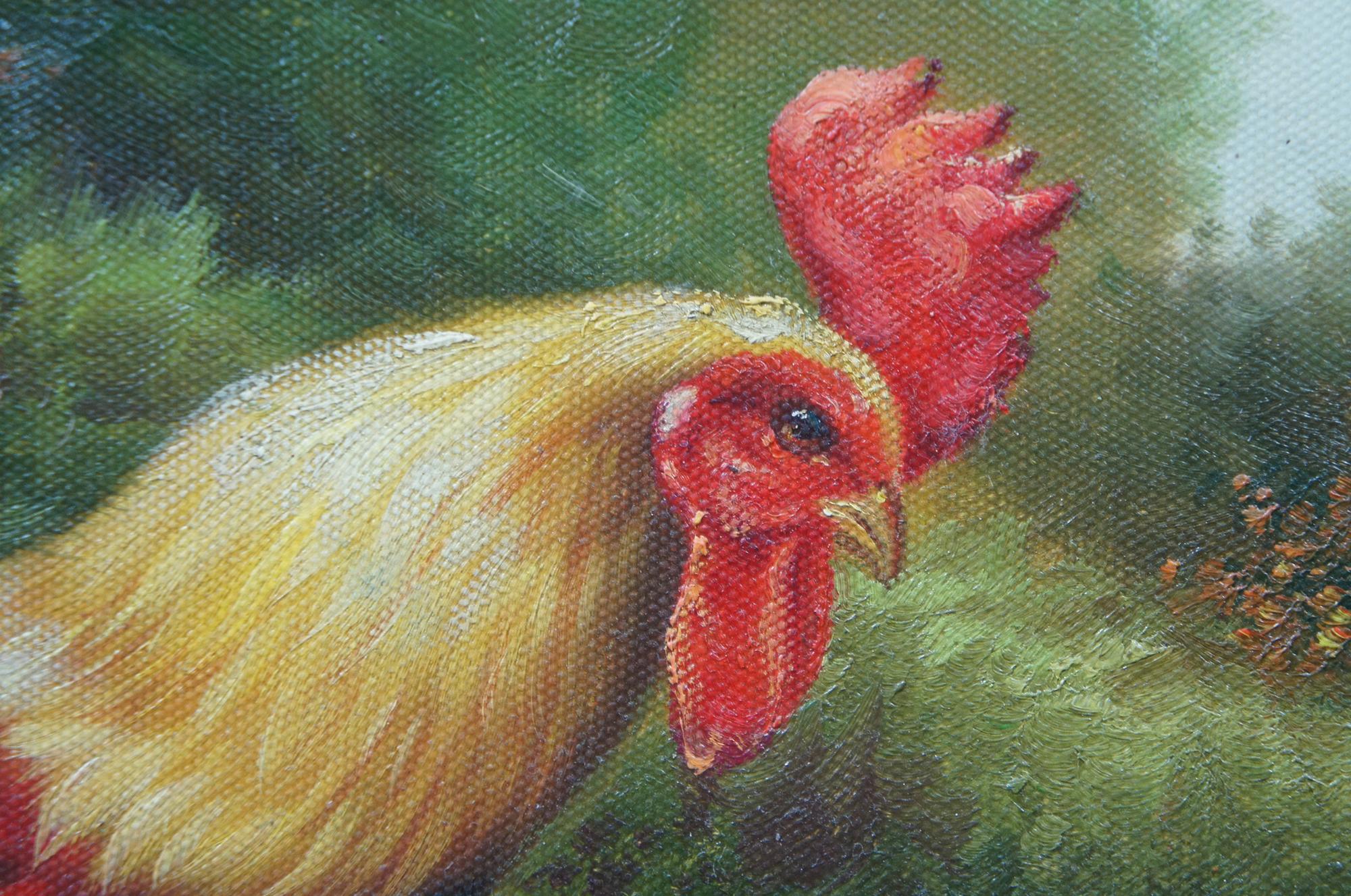 Rooster Oil Painting on Canvas by W. Ceruti Chickens Barnyard Farmhouse 5