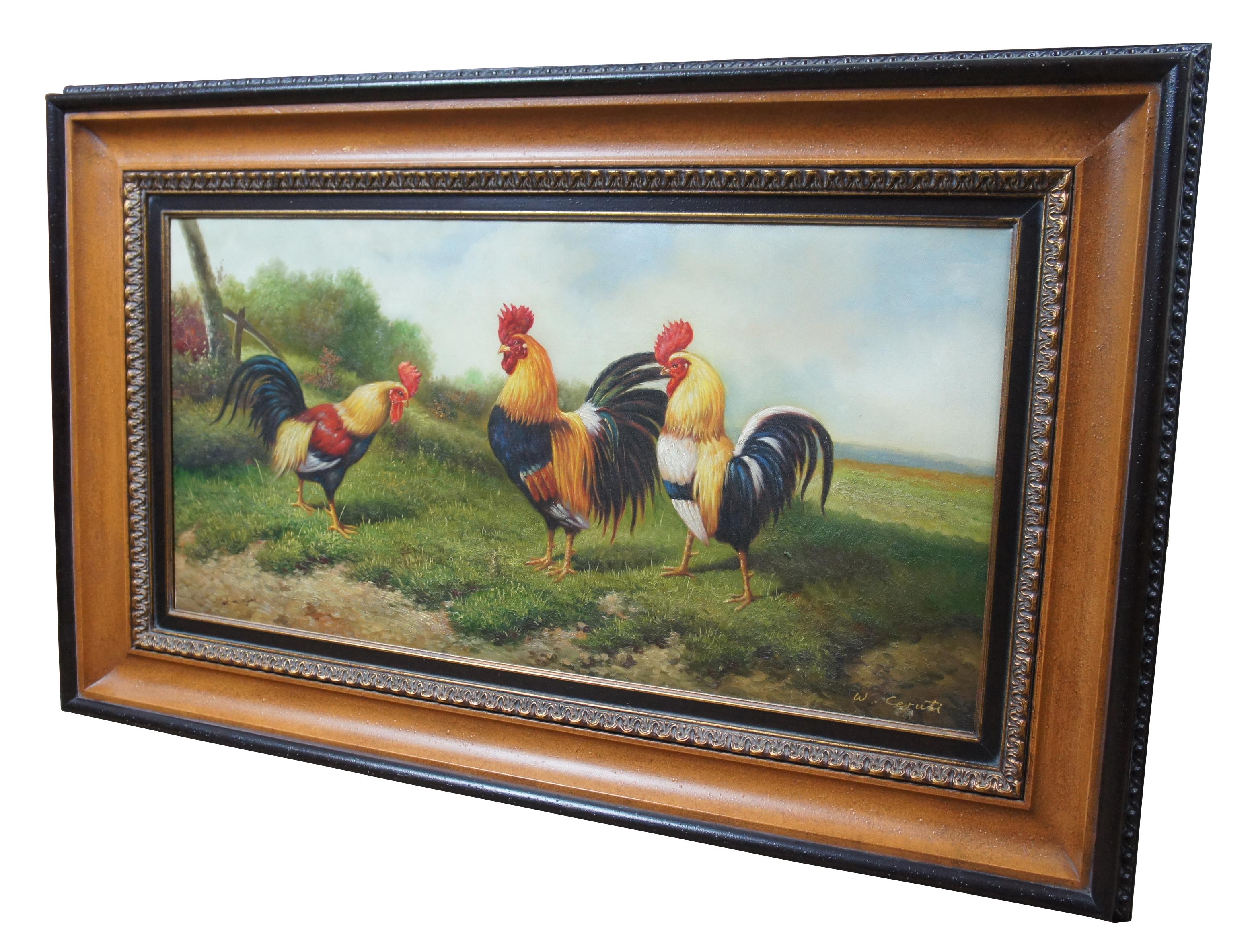 Large oil painting on canvas signed by W. Ceruti showing roosters in a grassy landscape. Measures: 47