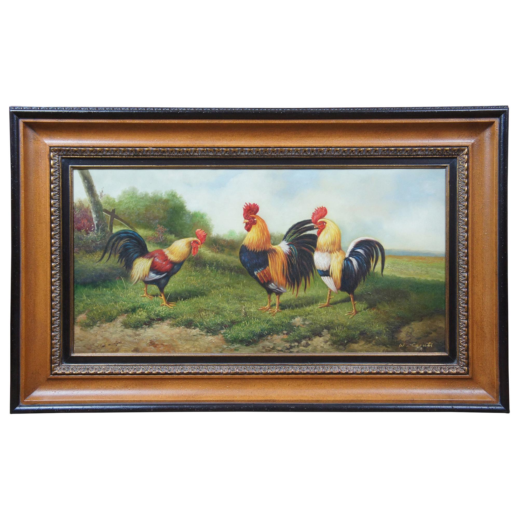 Rooster Oil Painting on Canvas by W. Ceruti Chickens Barnyard Farmhouse