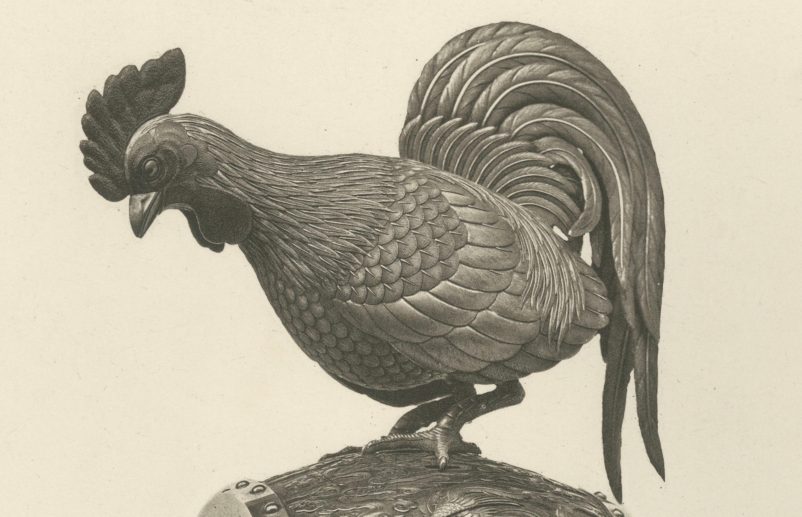 Hahn auf einer Ornamental-Trommel - aus Audsley's Decorative Masterpieces, 1884 im Zustand „Gut“ im Angebot in Langweer, NL
