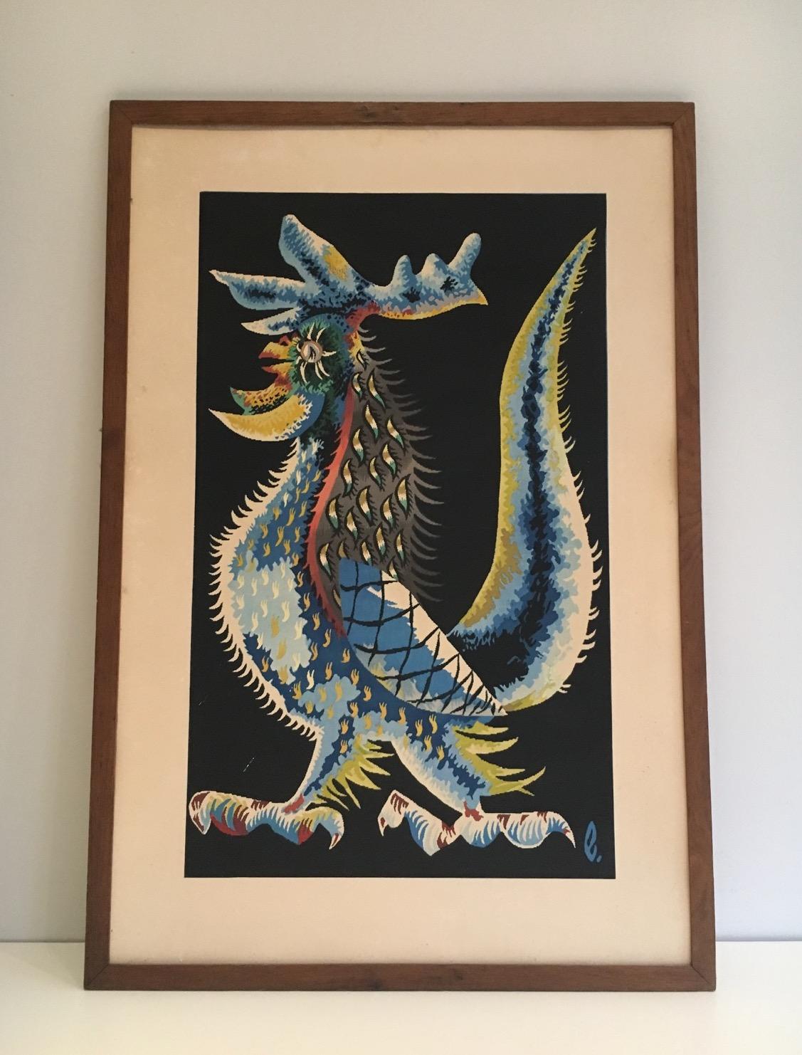 Rooster Printing, French Work Signed by Jean Lurçat. Circa 1970 In Good Condition For Sale In Marcq-en-Barœul, Hauts-de-France