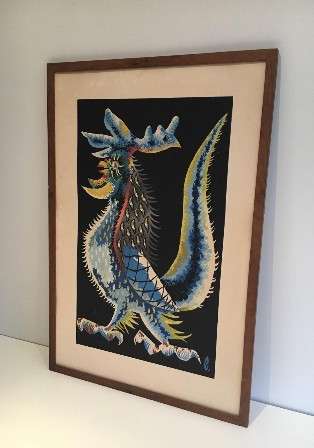 Late 18th Century Rooster Printing, French Work Signed by Jean Lurçat. Circa 1970 For Sale