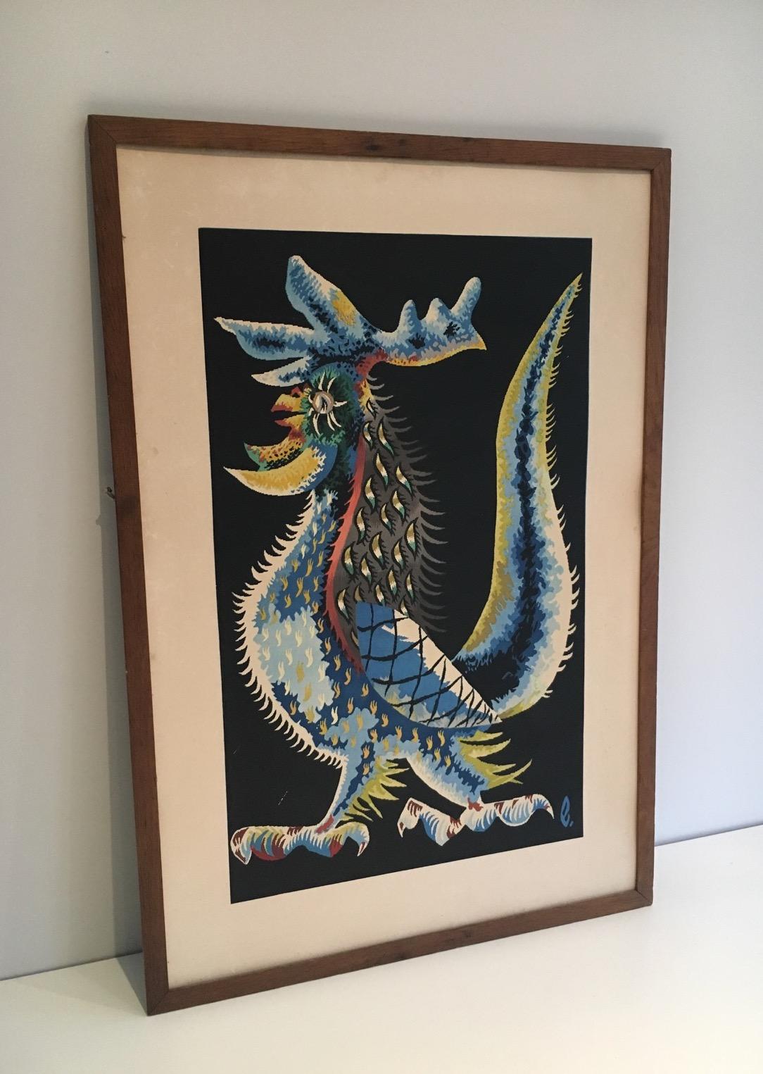 Wood Rooster Printing, French Work Signed by Jean Lurçat. Circa 1970 For Sale