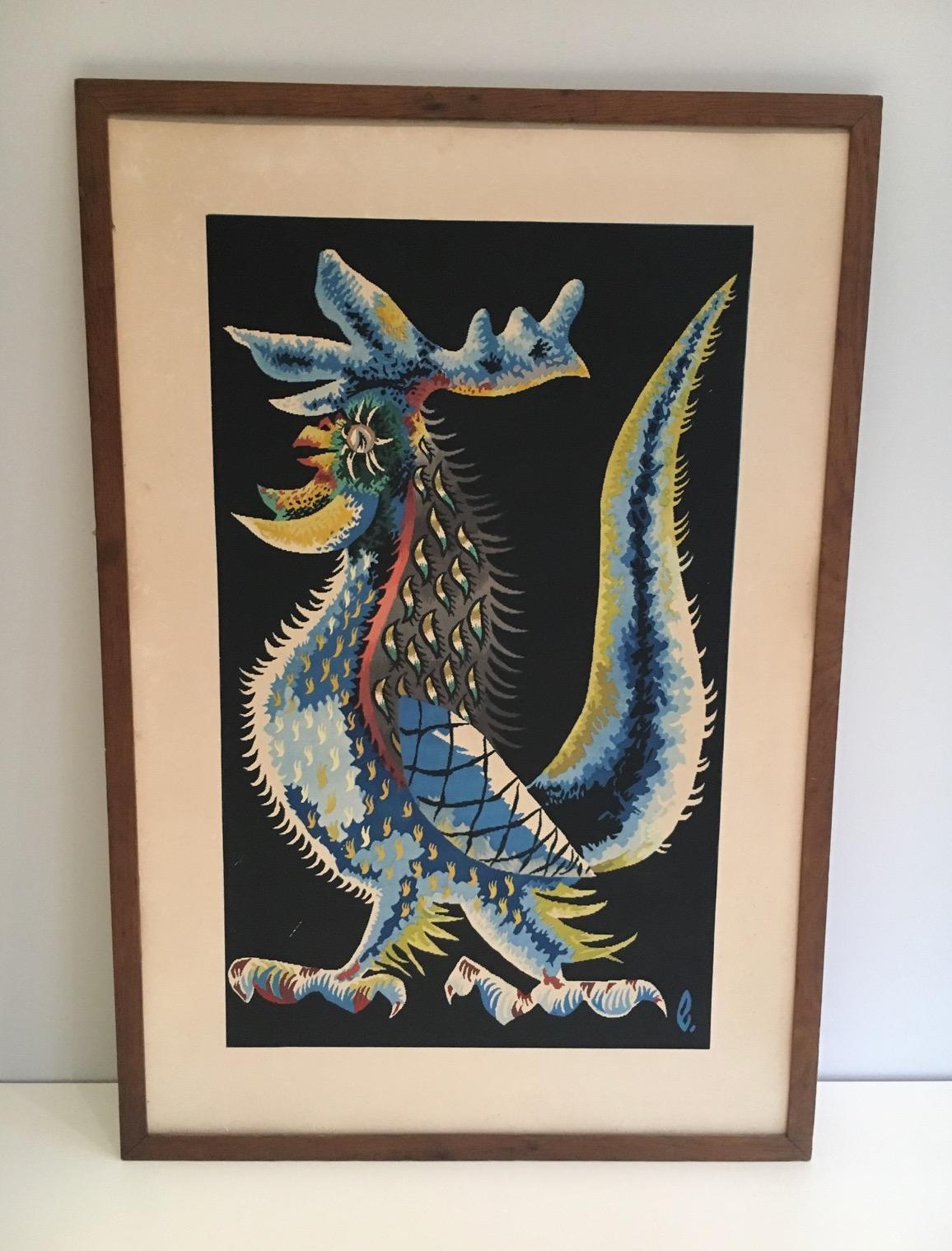Bois Impression coq, œuvre française signée par Jean Lurat. Circa 1970 en vente