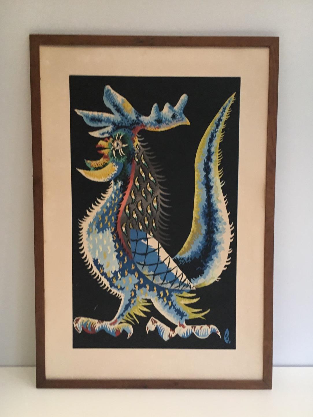 Impression coq, œuvre française signée par Jean Lurat. Circa 1970 en vente 1
