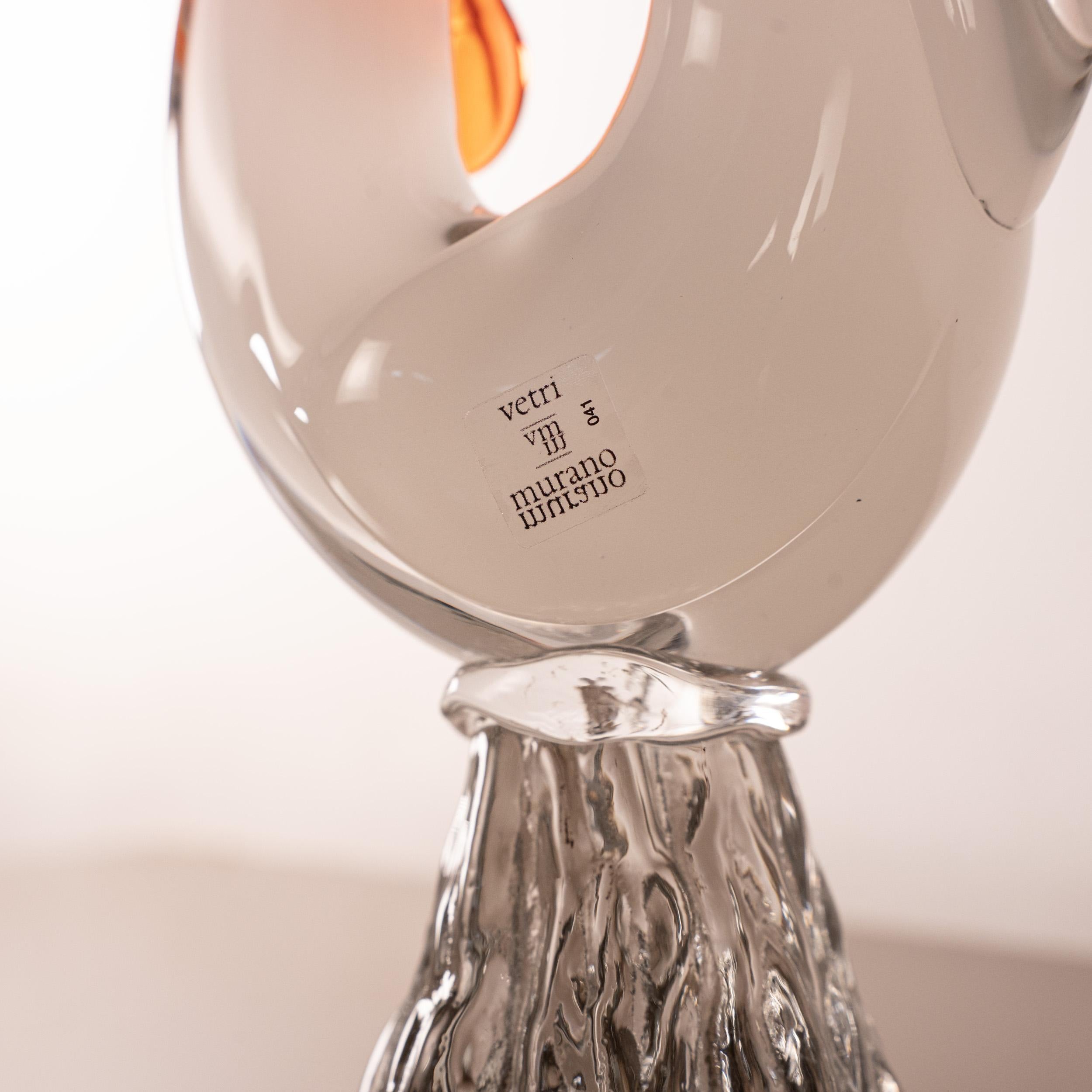 Italian Rooster Sculpture in White Murano glass with red details, Italy in stock For Sale