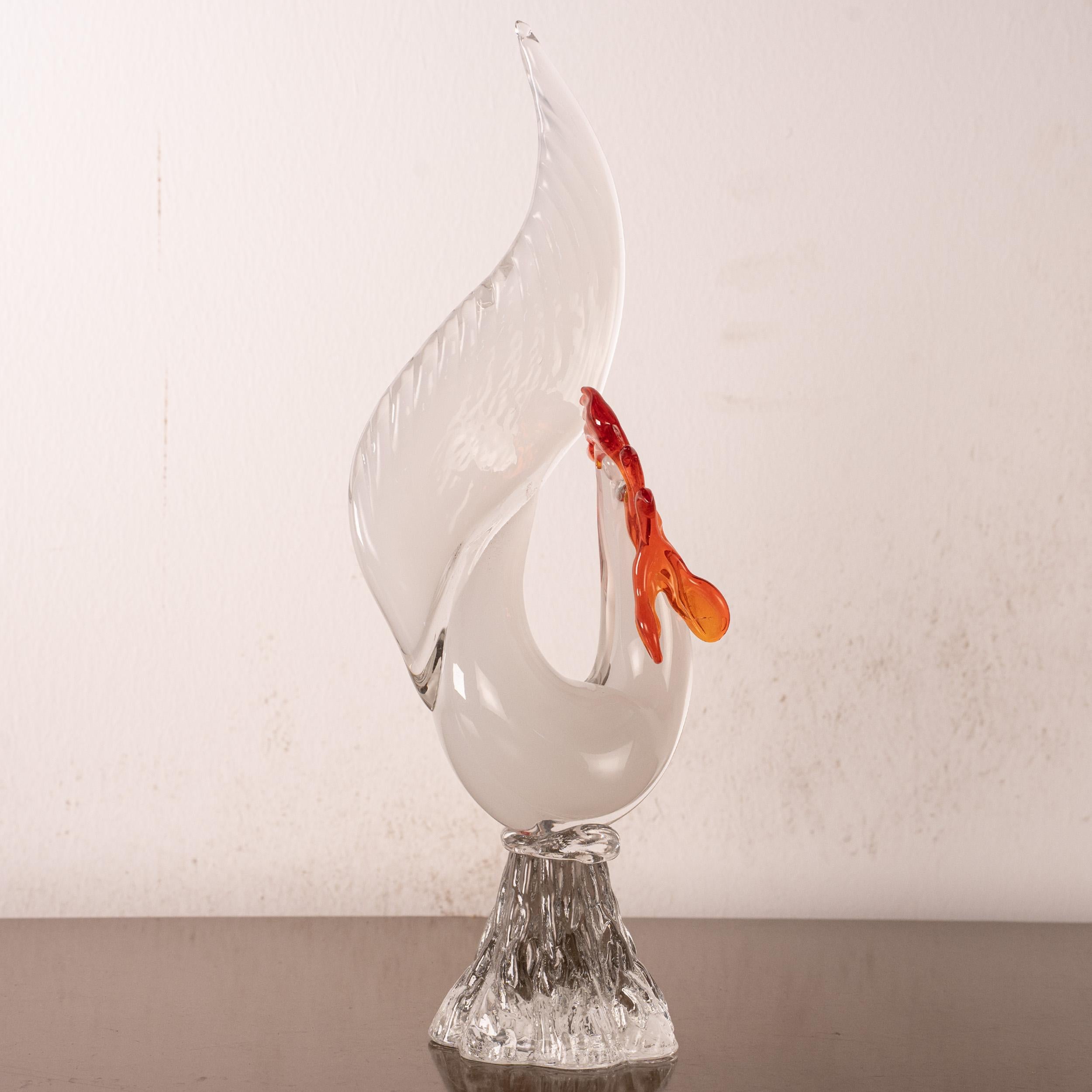 Murano Glass Rooster Sculpture in White Murano glass with red details, Italy in stock For Sale