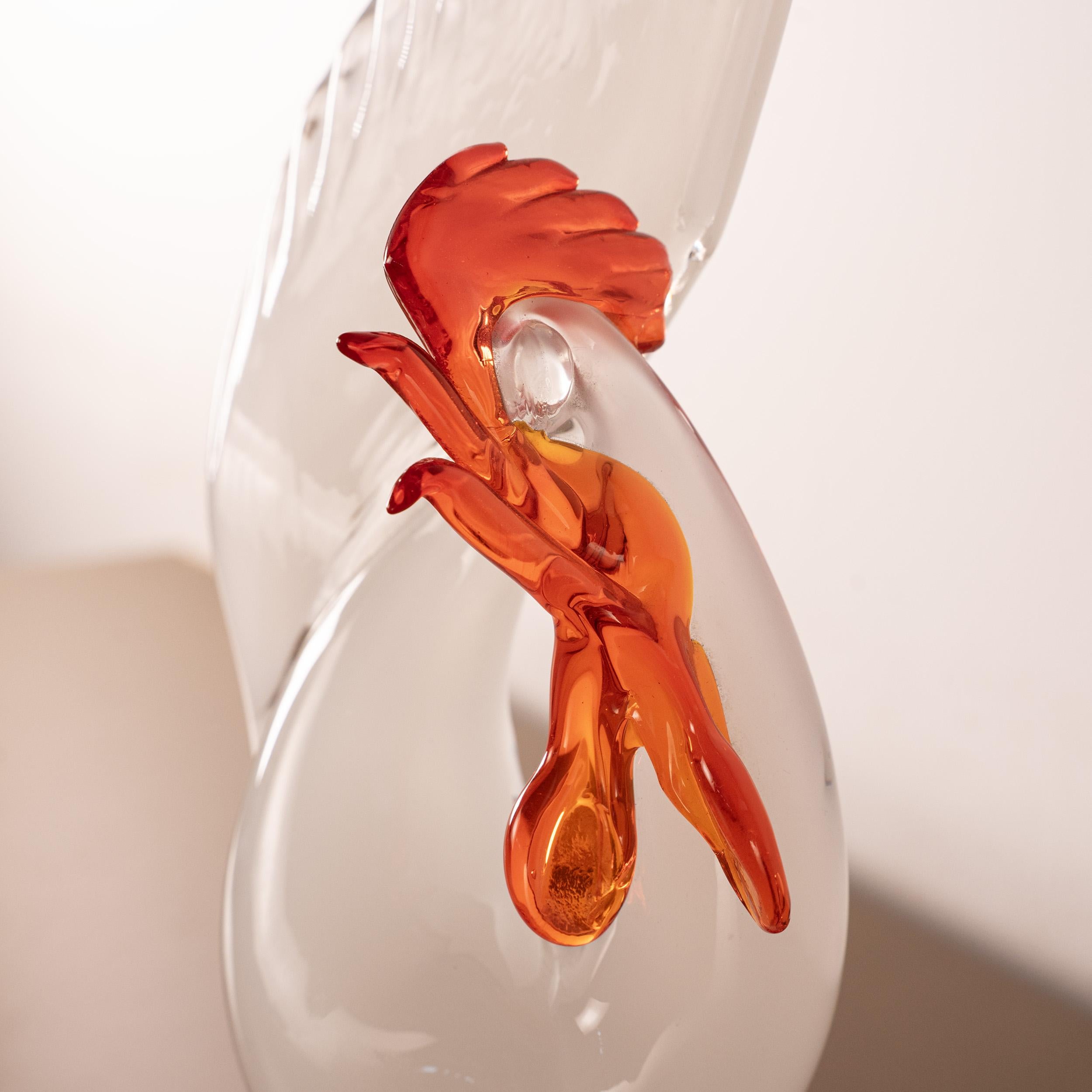 Rooster Sculpture in White Murano glass with red details, Italy in stock For Sale 1