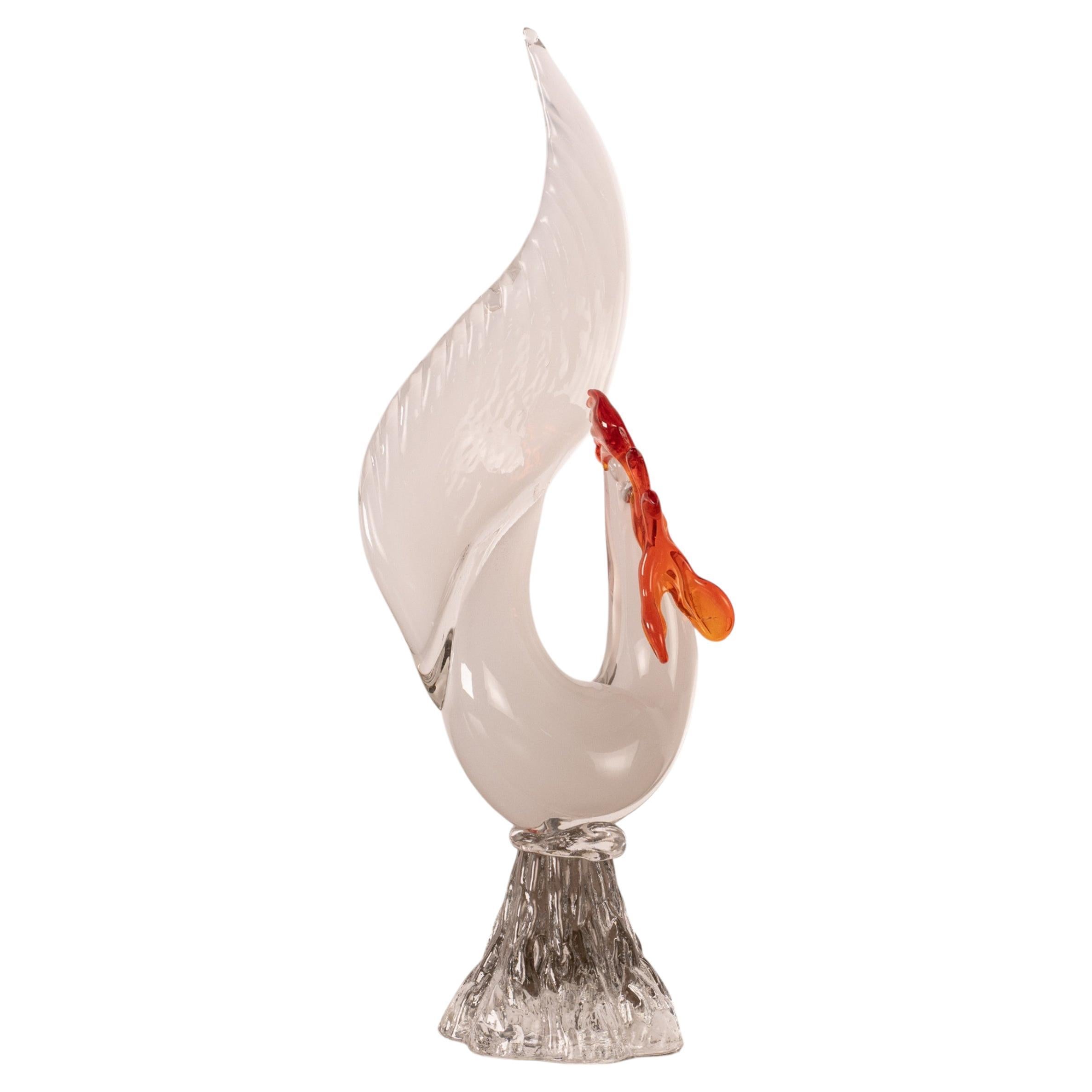 Rooster Sculpture in White Murano glass with red details, Italy in stock For Sale