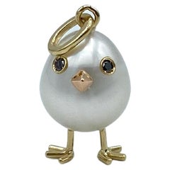 Rooster Three Chick 18Kt Yellow Gold Pendant Brooch Diamond South Sea Pearl 