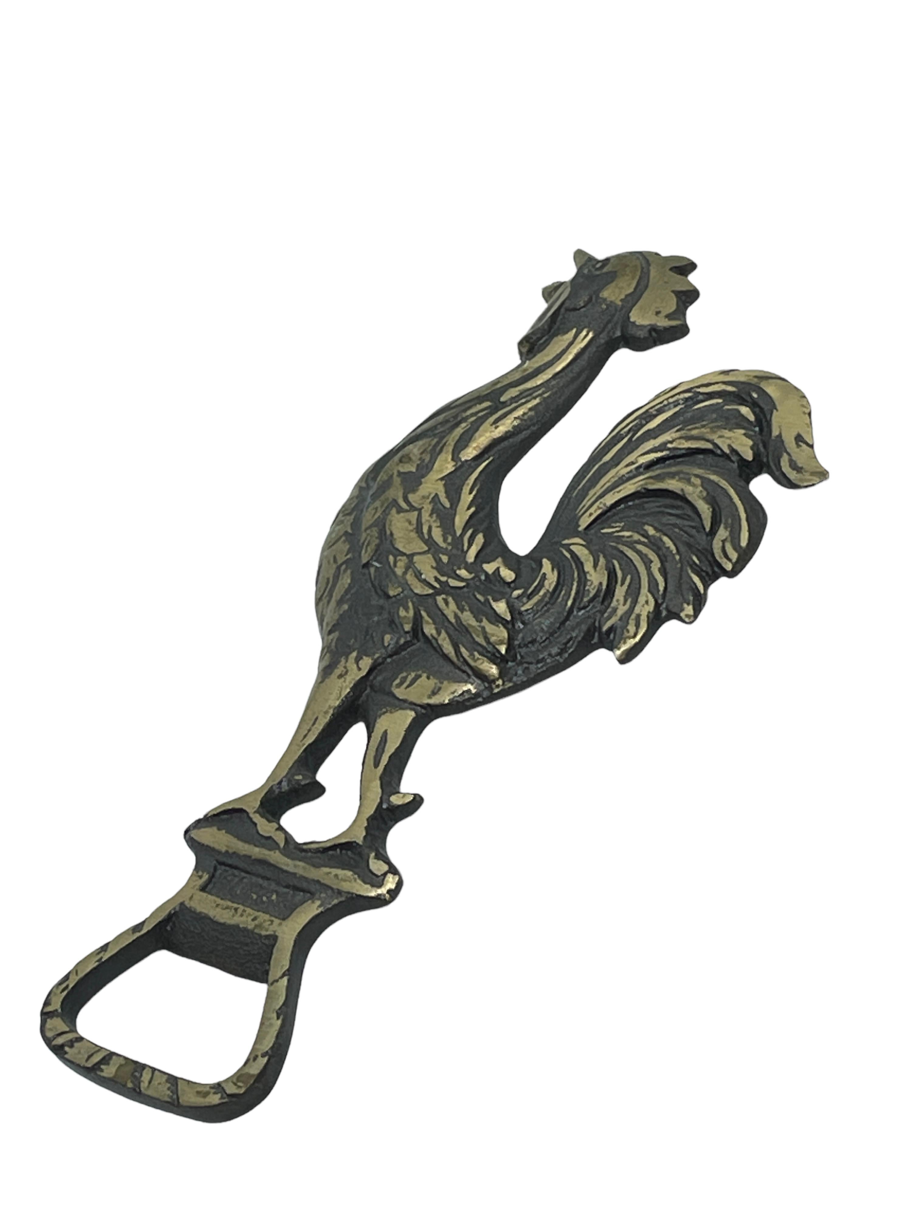 Mid-Century Modern Rooster Vintage Bottle Opener Silver Plate Metal Breweriana Barware by Valenti For Sale