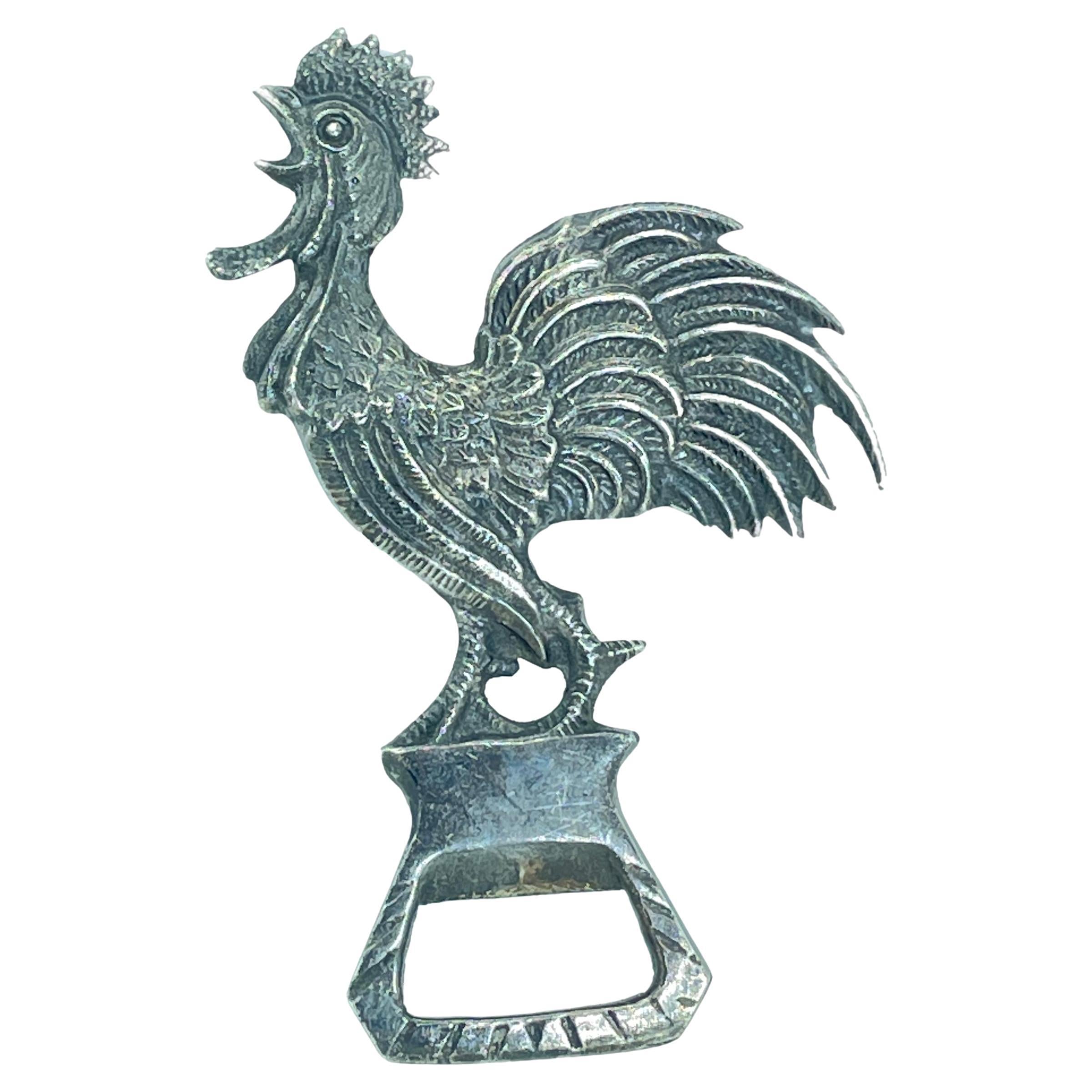 Rooster Vintage Bottle Opener Silver Plate Metal Breweriana Barware by Valenti For Sale