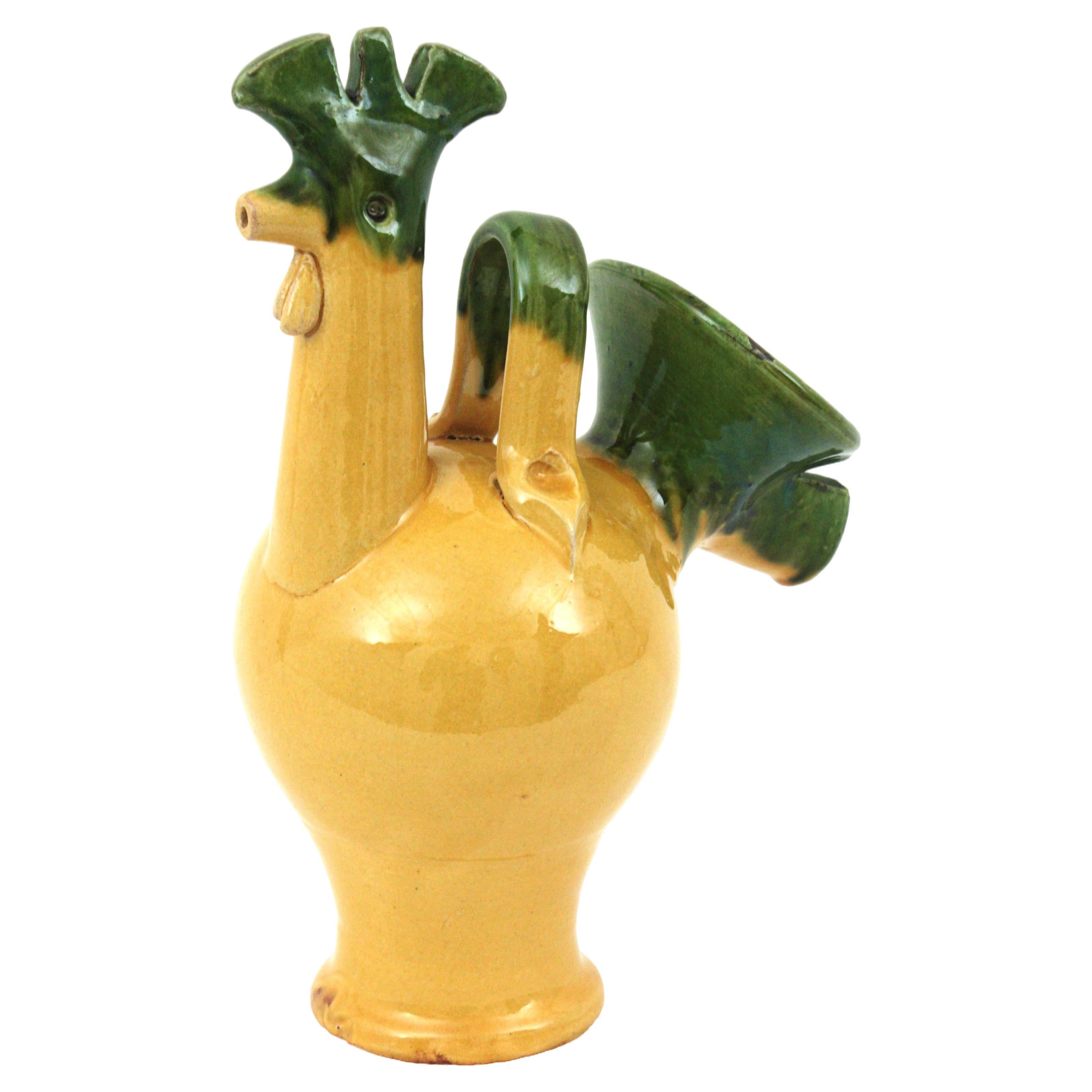 Mid-Century Modern Rooster Yellow and Green Glazed Ceramic Pitcher, France, 1950s For Sale