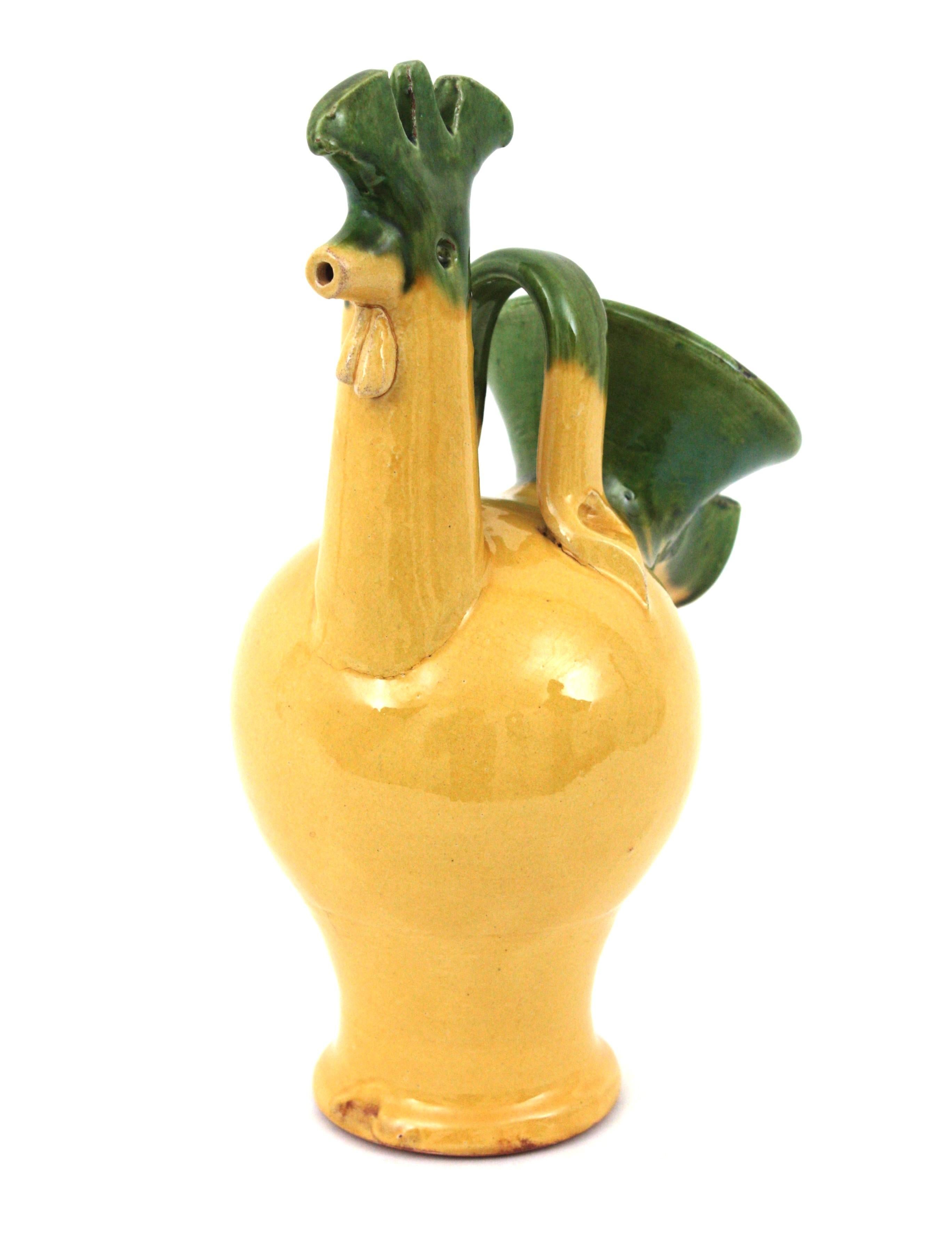 French Rooster Yellow and Green Glazed Ceramic Pitcher, France, 1950s For Sale