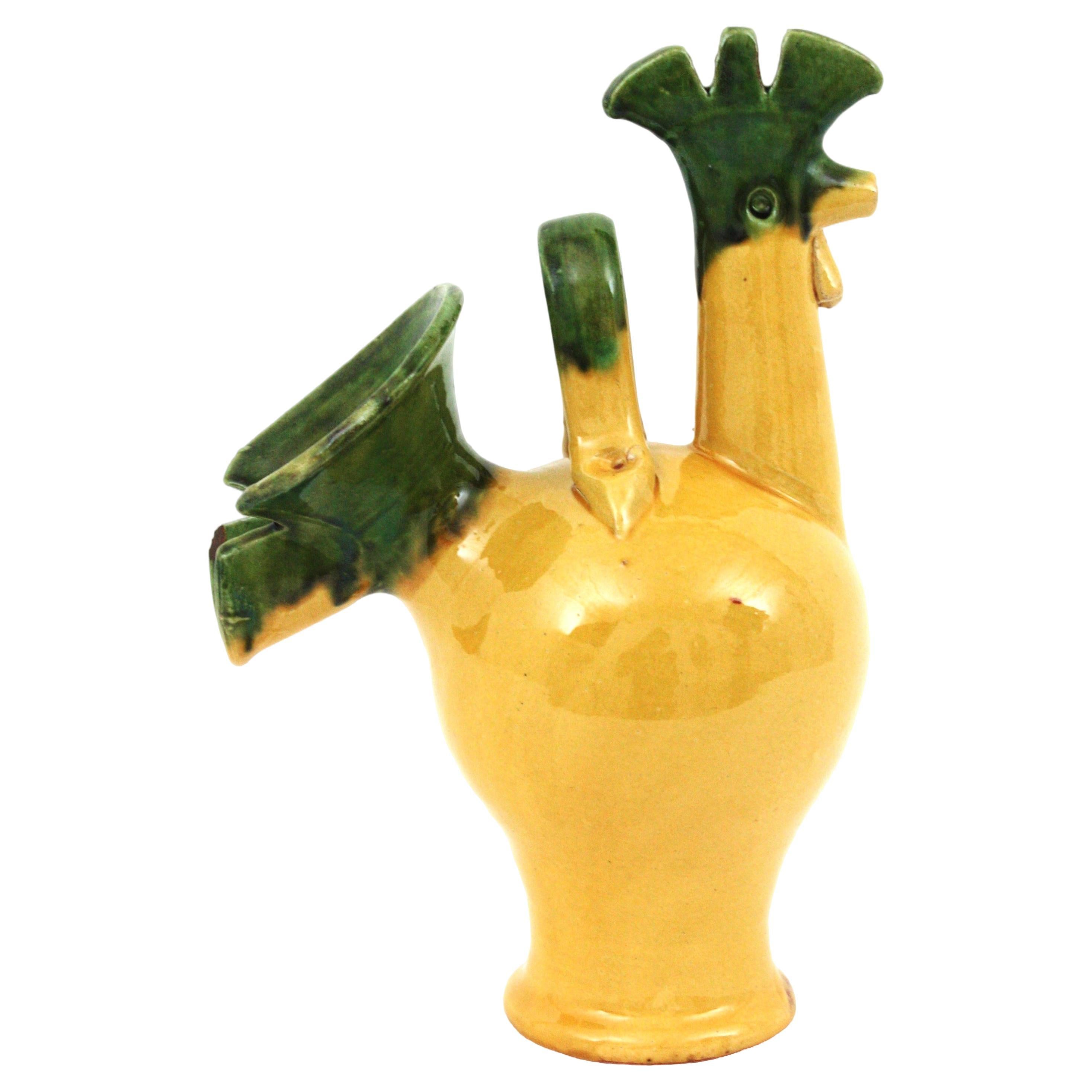 Rooster Yellow and Green Glazed Ceramic Pitcher, France, 1950s