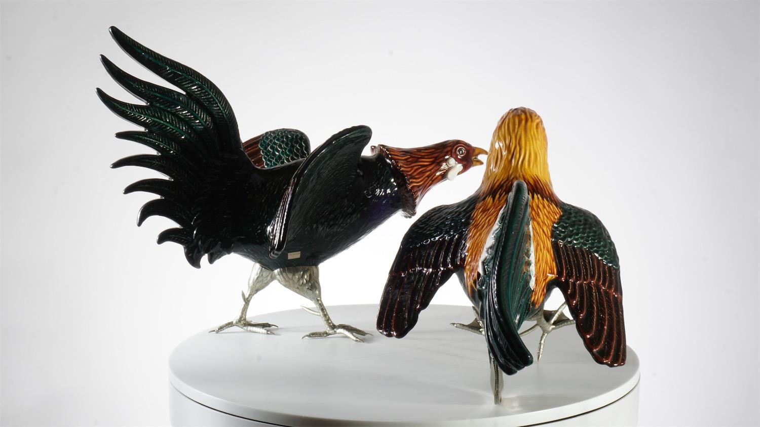 Contemporary Roosters, Ceramic and White Metal 'Alpaca'