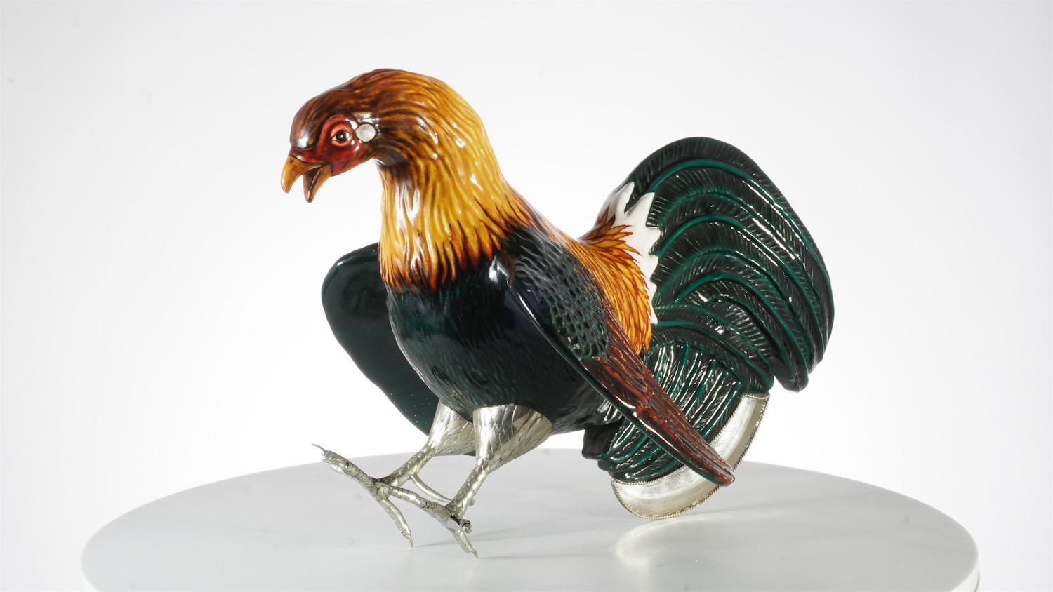 Roosters, Ceramic and White Metal 'Alpaca' 1